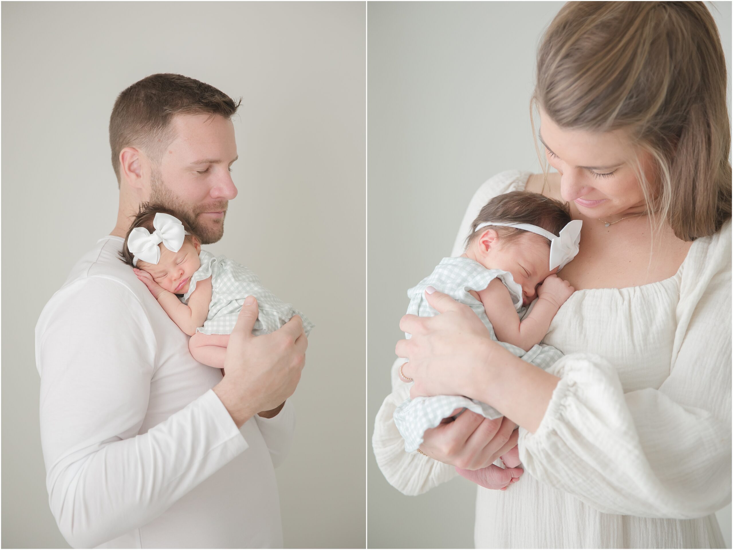 Collage of two photos of mom and dad snuggling with their newborn baby girl.