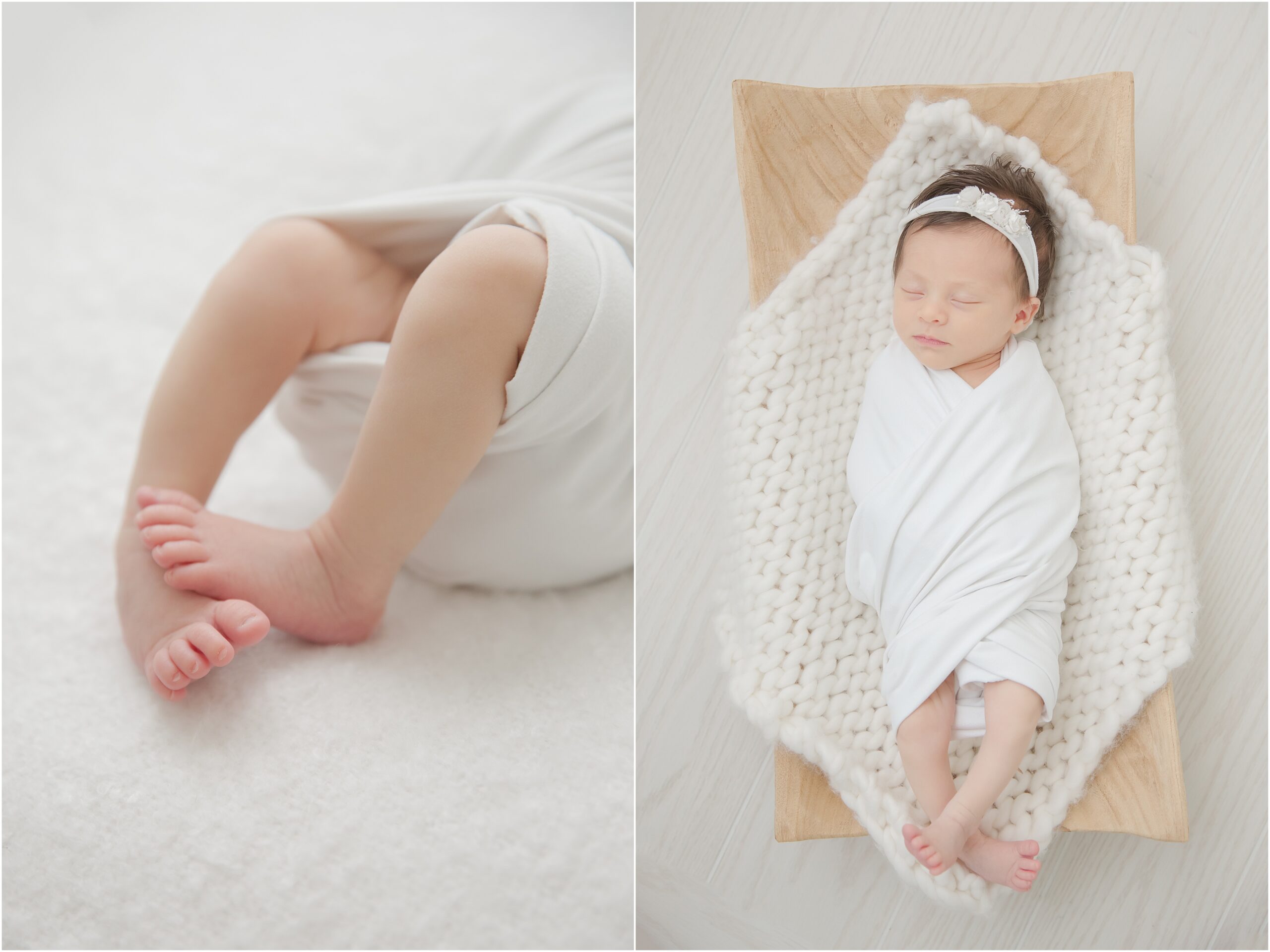 Collage of two photos of a newborn baby girl. The first photo is a backlit image of baby's feet. The second photo is of baby wrapped in a white swaddle, wearing a white headband, and laid in a light colored wood bowl.