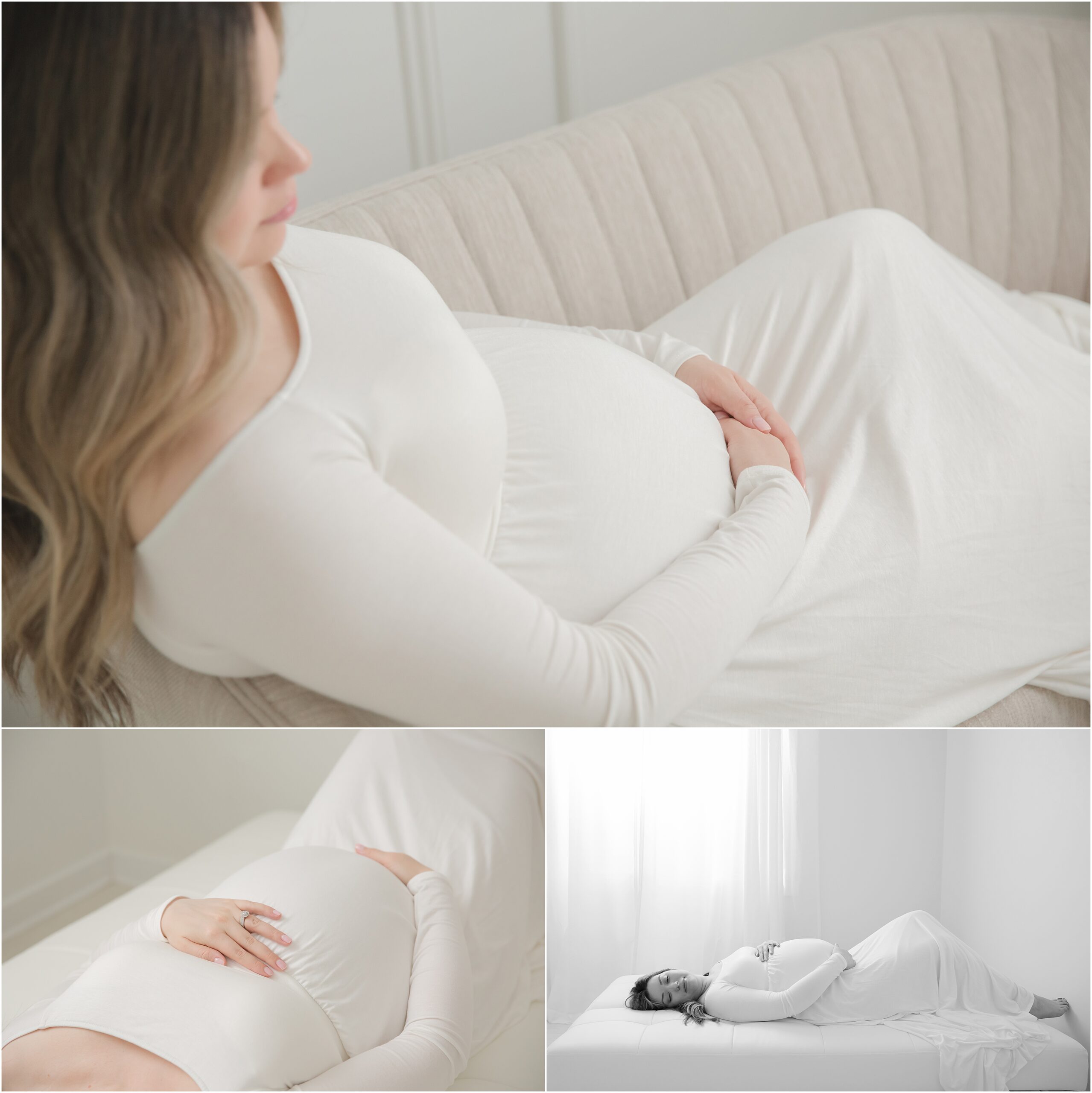 Collage of three images of a pregnant woman in a long white off-shoulder maternity dress.