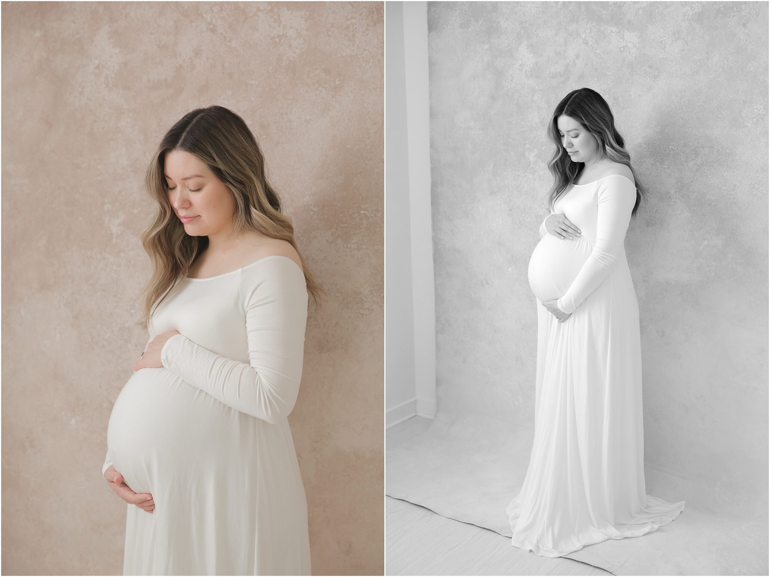 Collage of two photos of a pregnant woman with long hair in a white dress standing on a pink canvas background.