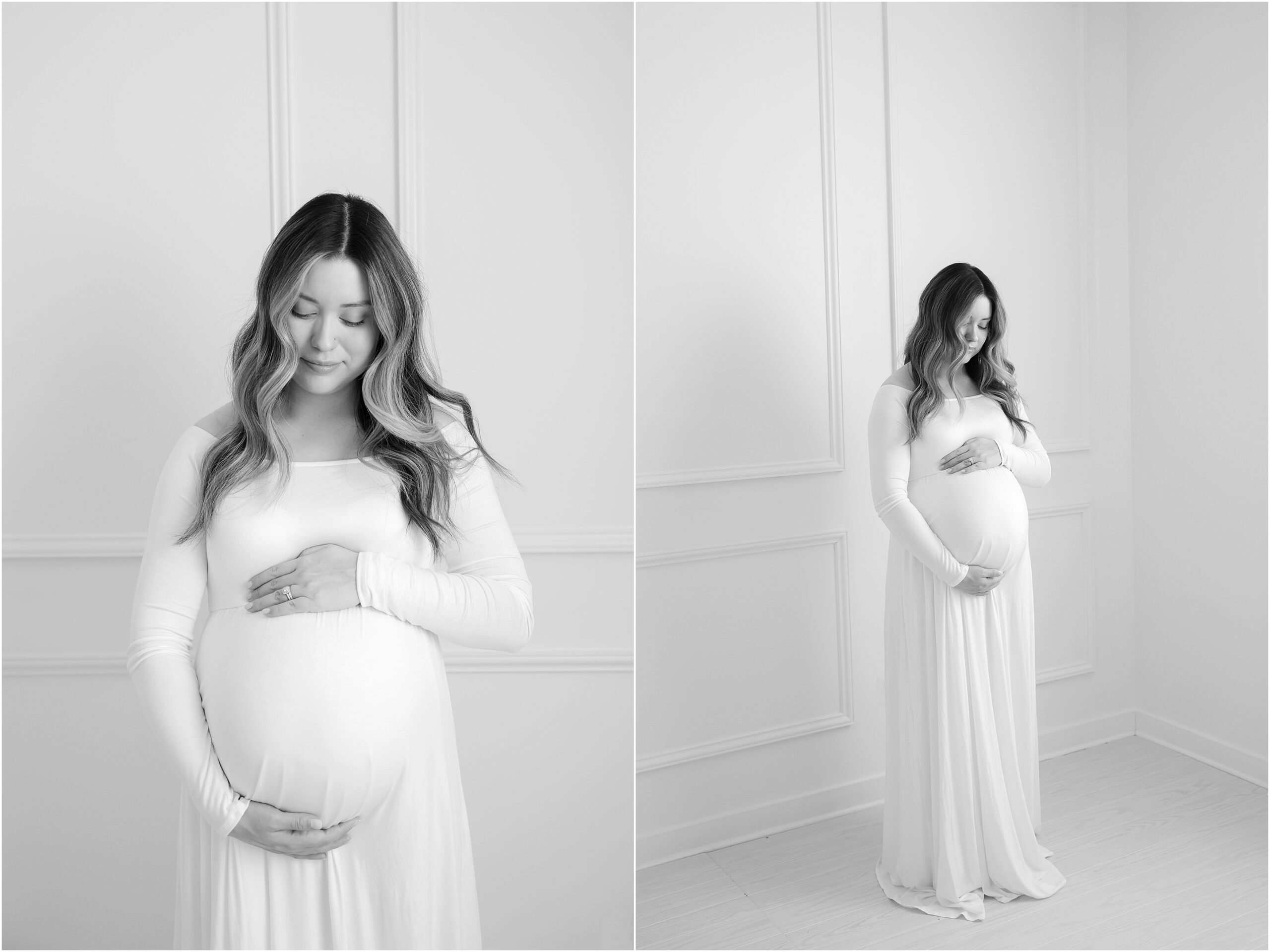 Collage of two black and white photos of a pregnant woman with long hair wearing a white maternity gown as she poses for maternity photos