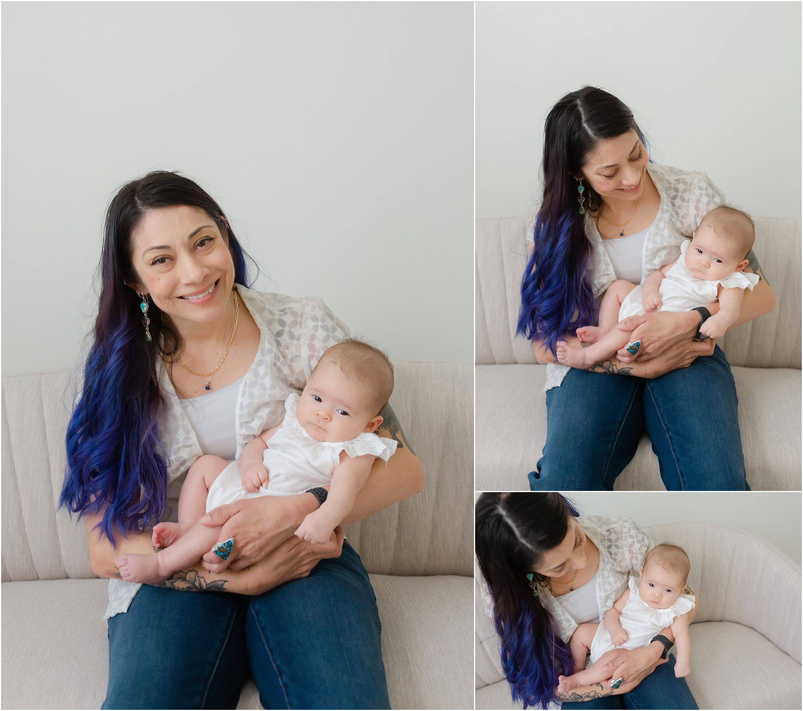 Collage of photos of a grandmother with black and purple hair holding her two month old granddaughter