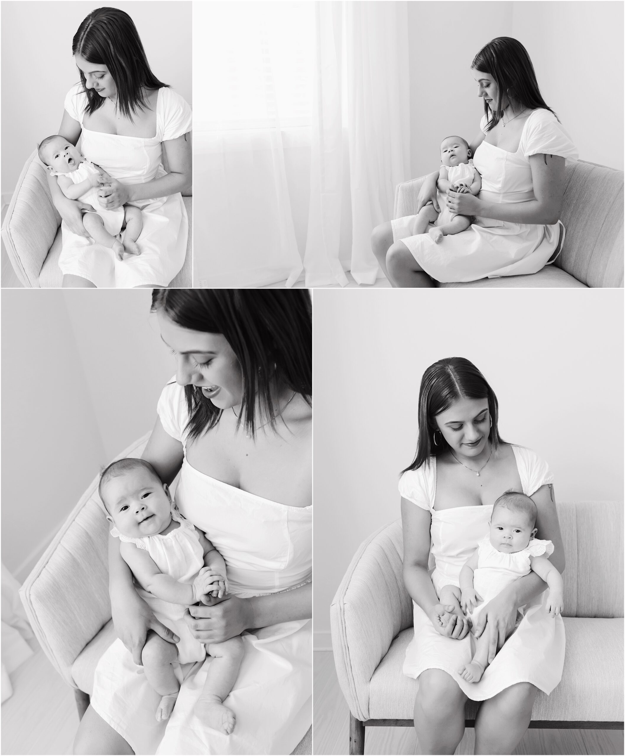 Collage of black and white photos of a mother holding her two month old baby girl