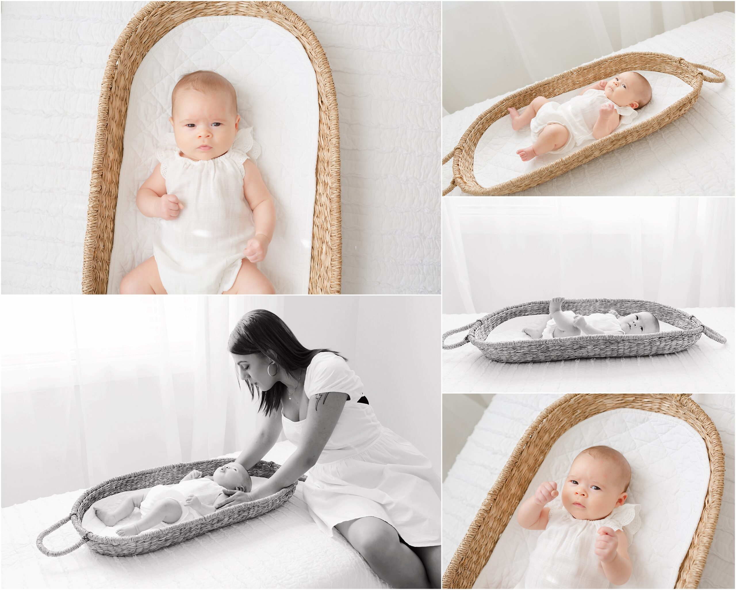 Collage of photos of a 2 month old baby girl laying in a moses basket