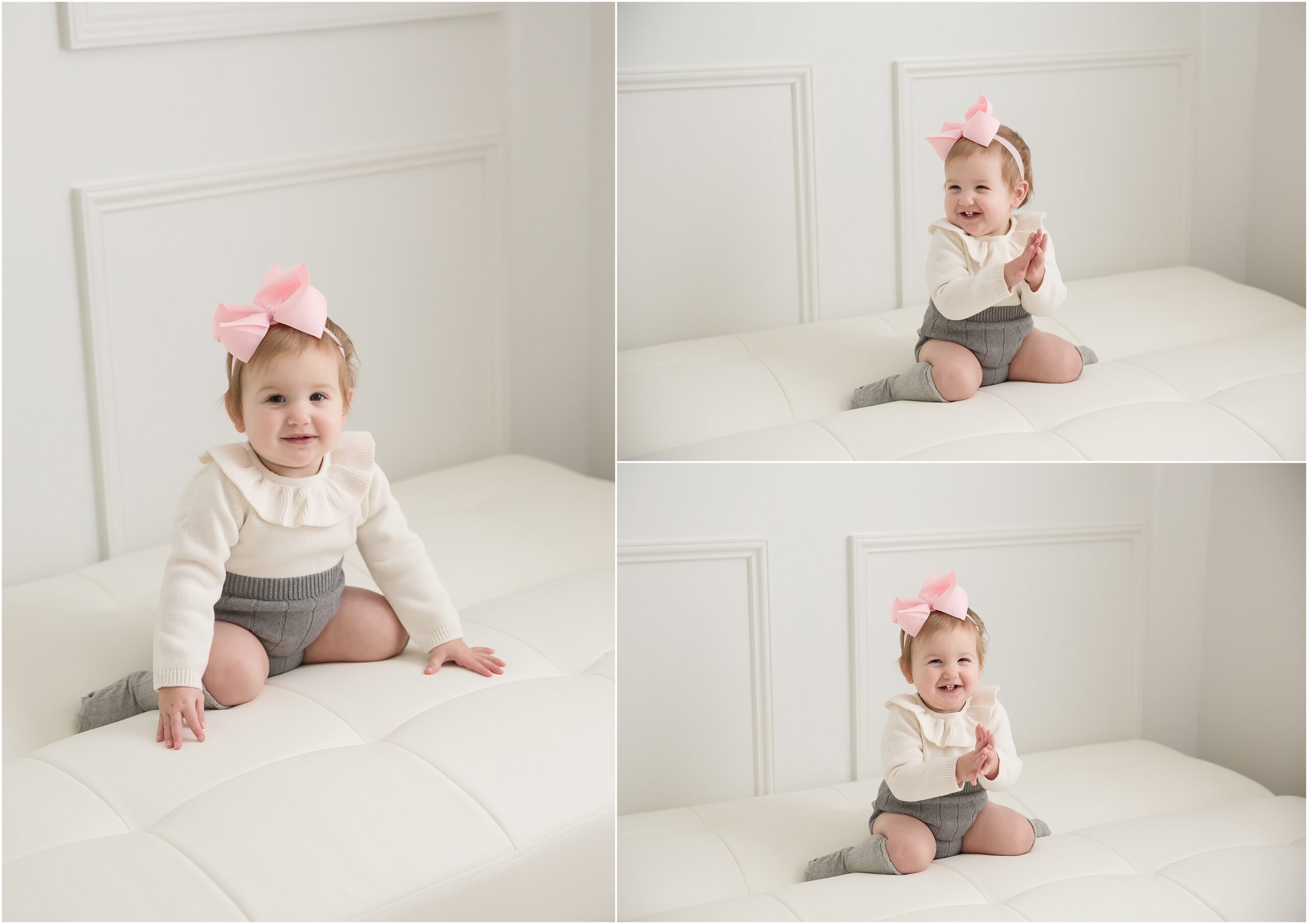 Collage of three photos of a cute one year old baby girl wearing a gray and white outfit and a pink bow.