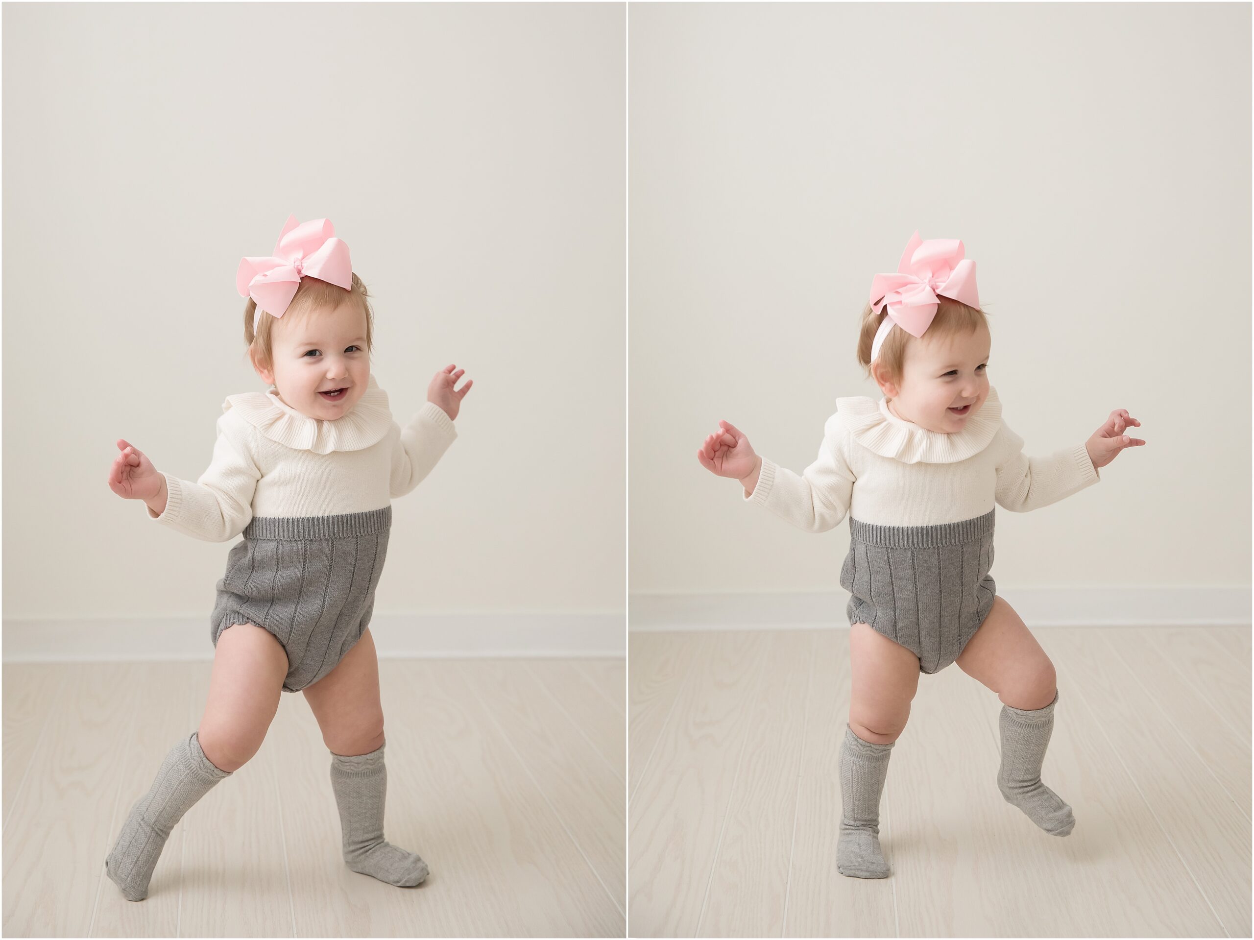 Collage of two photos of a cute one year old baby girl practicing walking while wearing a gray and white outfit and a pink bow.