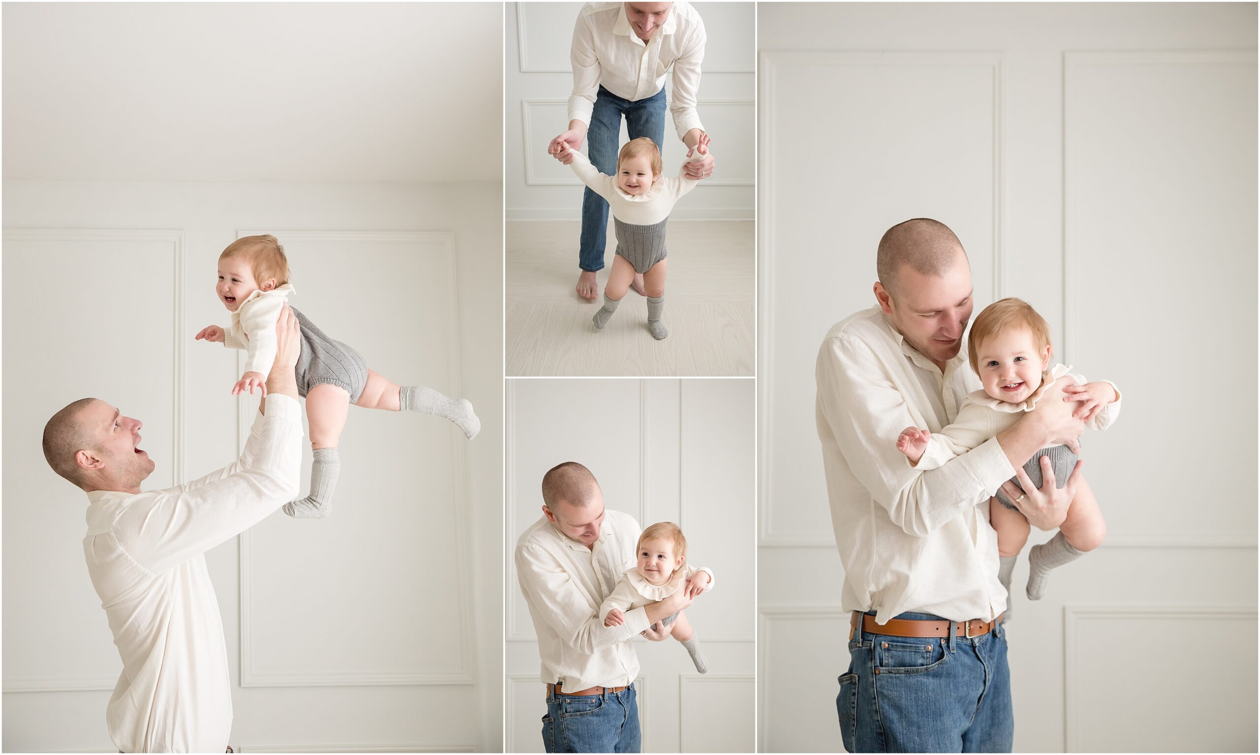 Collage of photos of a dad playing with his baby girl, including holding her hands while she walks and flying her around like an airplane