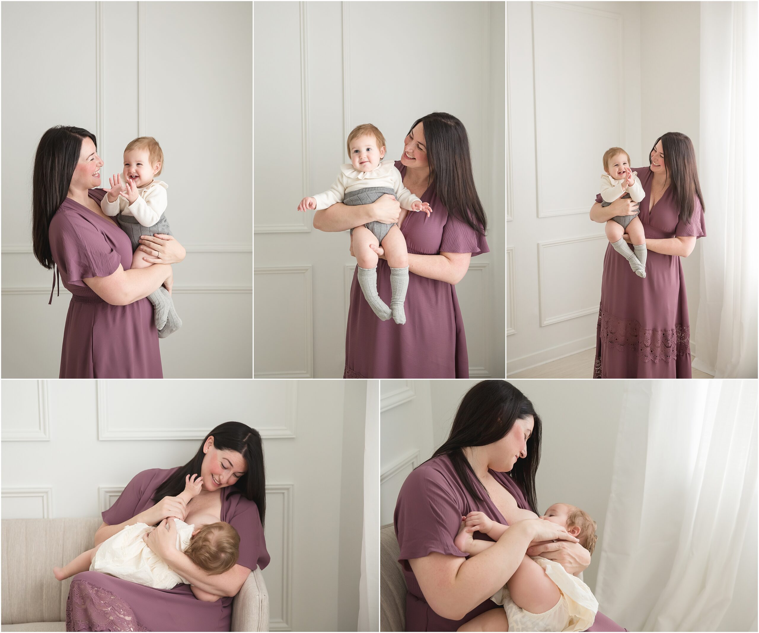 Collage of photos of a mom in a purple dress playing with and breast feeding her one year old daughter