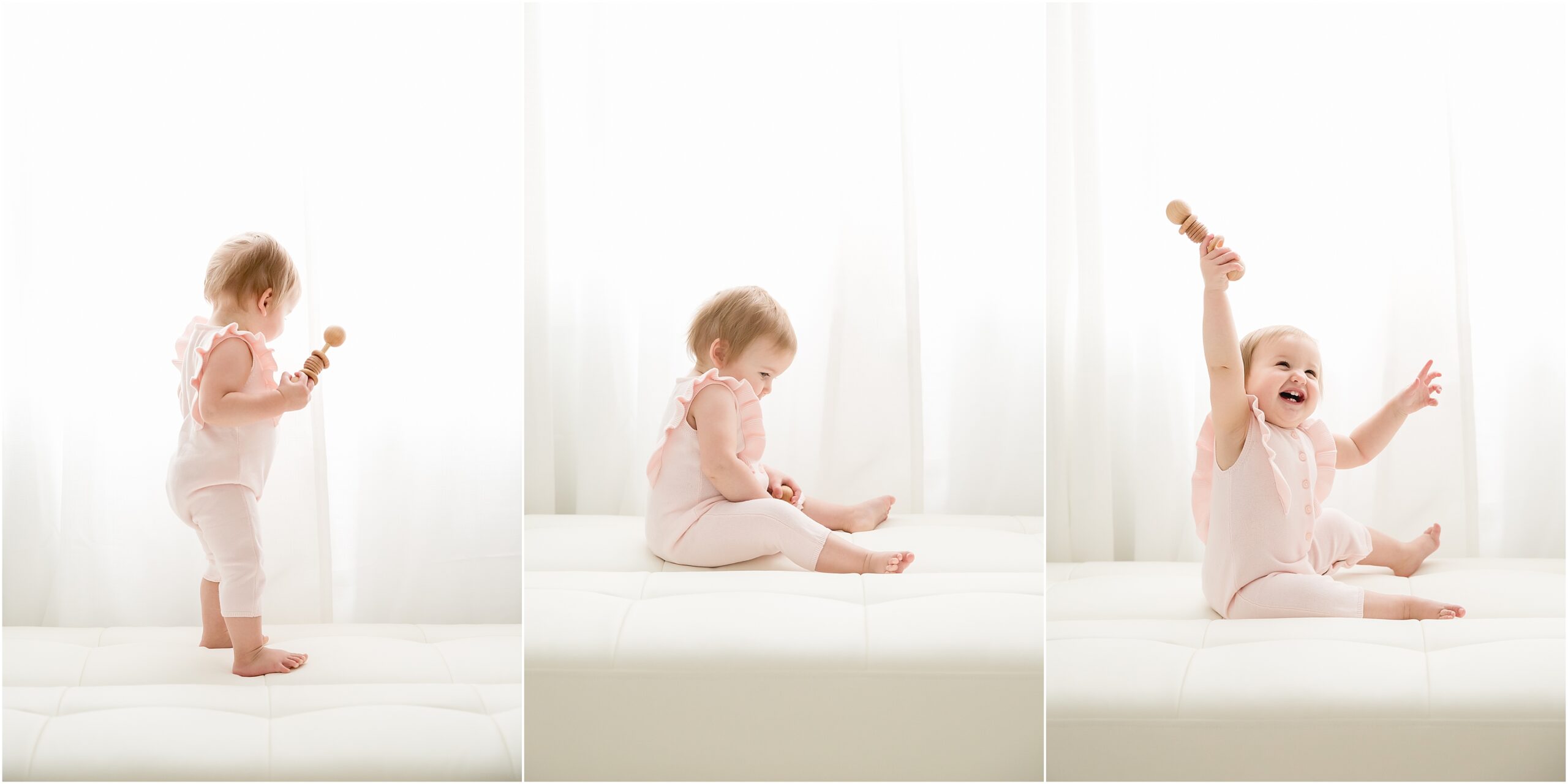 Collage of three photos of a one year old baby girl wearing a pink outfit and playing with a wooden toy