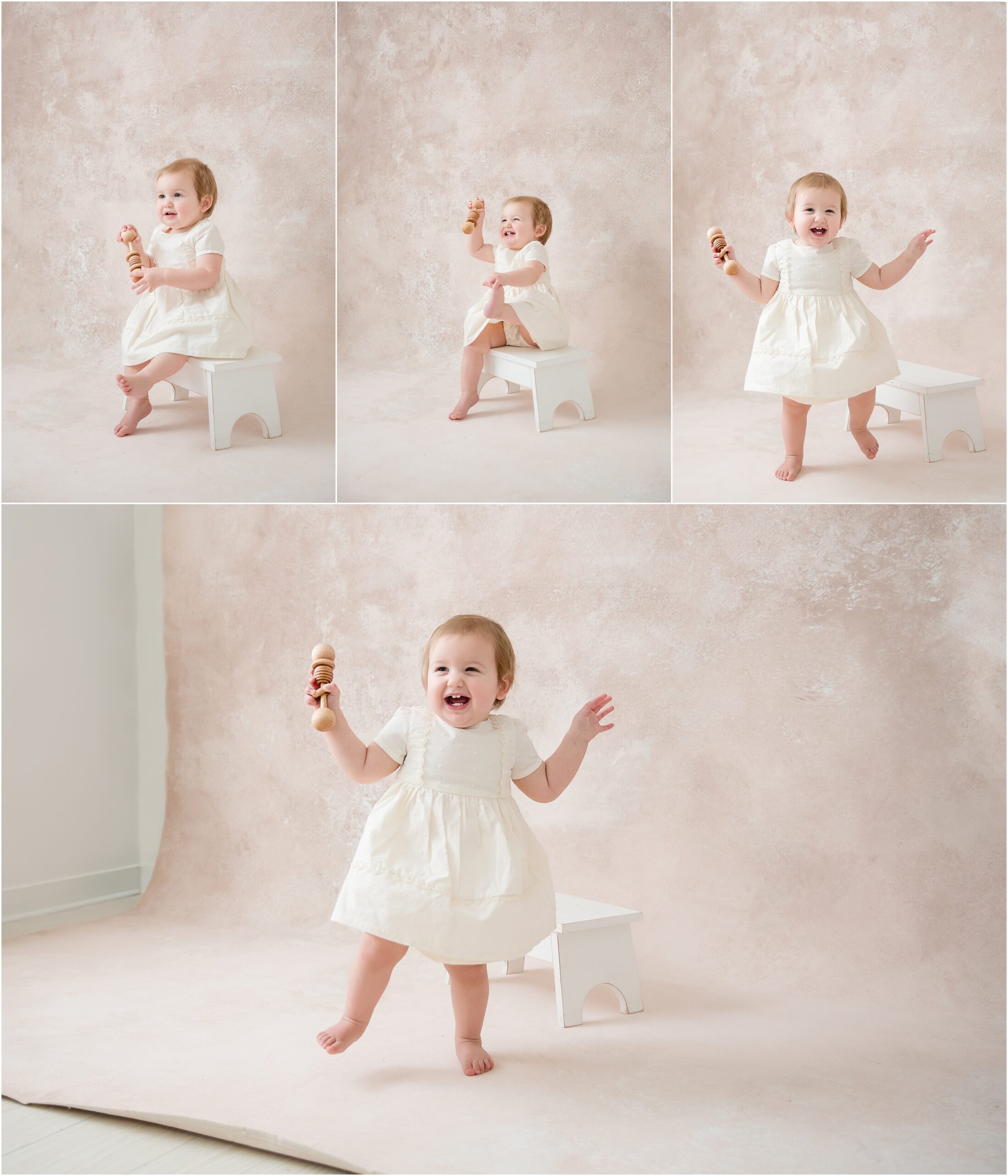 Collage of photos of a baby girl wearing a white dress, sitting on a white bench and walking, with a pink textured canvas background
