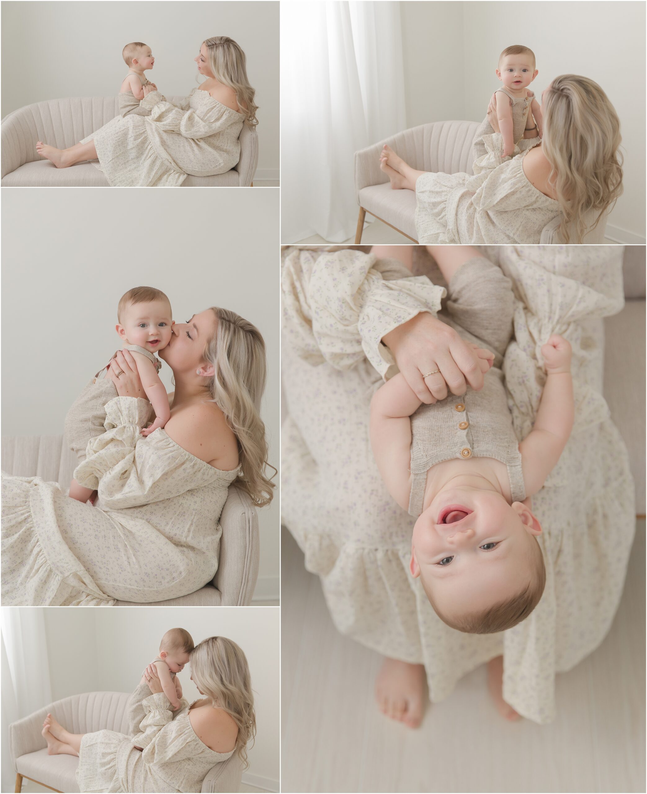 Blond mother and her baby snuggle together on a gray couch