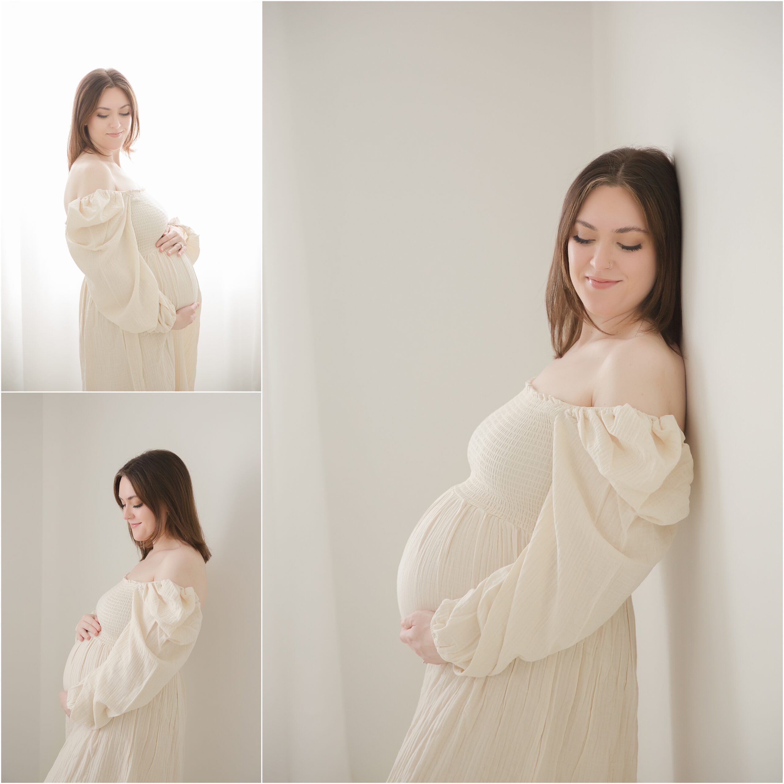 Woman in cream dress leans against wall while posing for maternity photos at Christy Johnson Photography