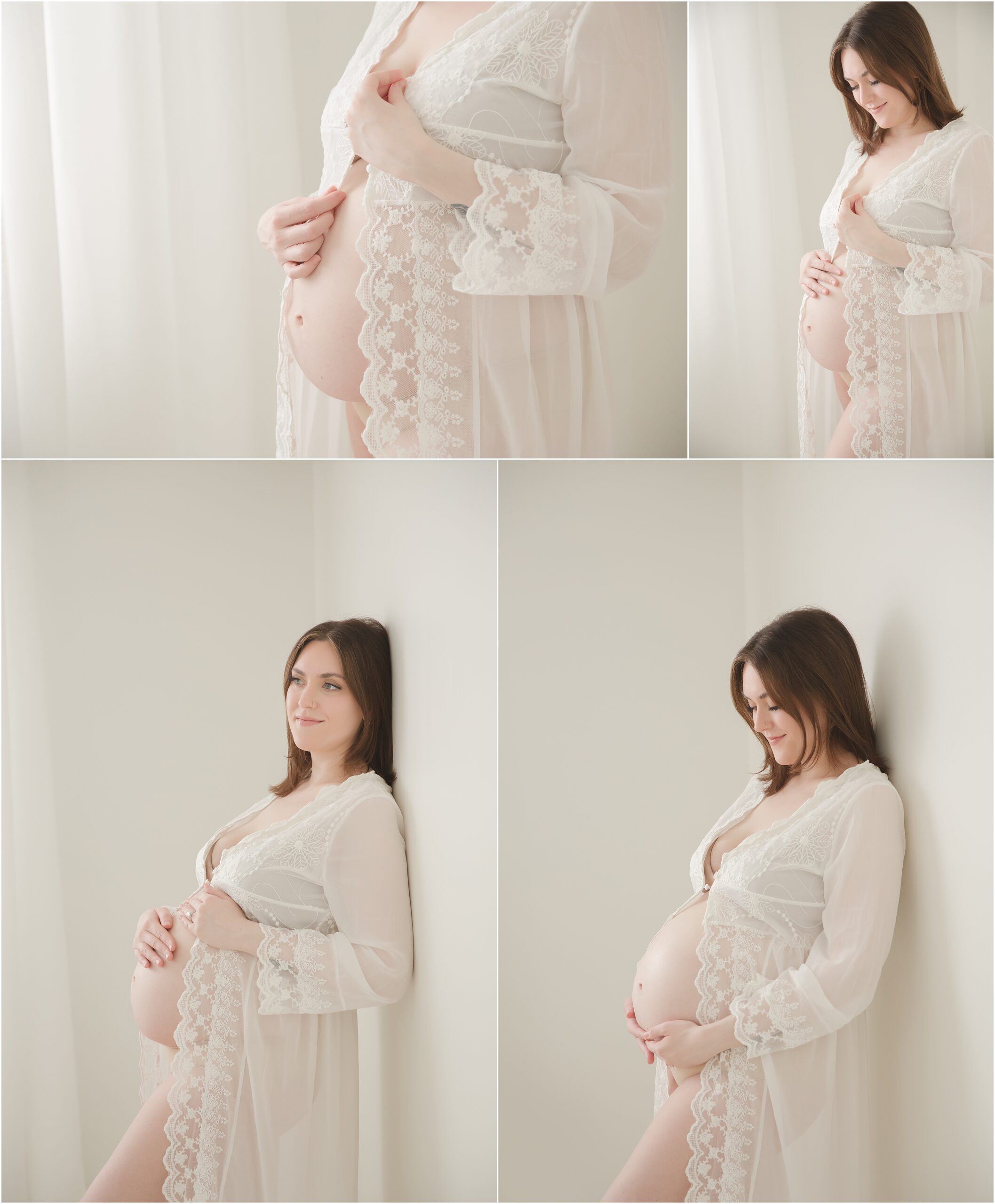Woman with brown hair wearing a lacy robe poses for pregnancy photos