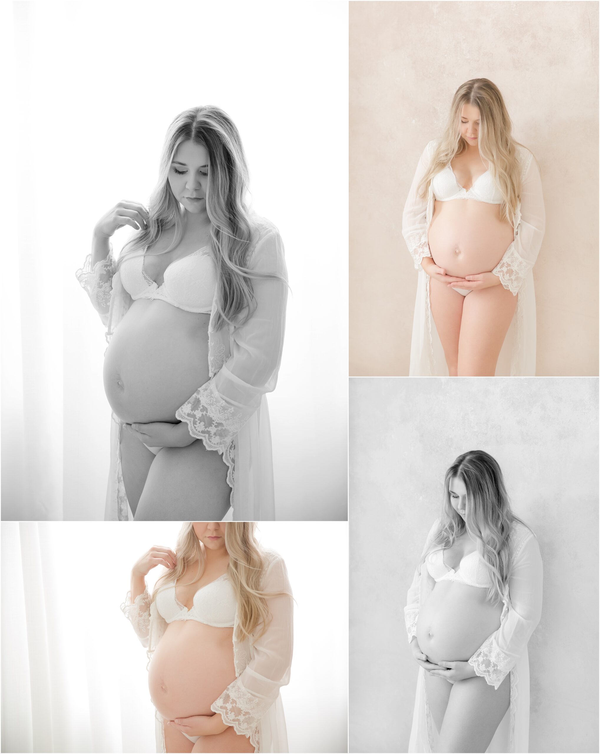 Collage of photos of a young pregnant woman in a white robe posing for maternity photos at Christy Johnson Photography