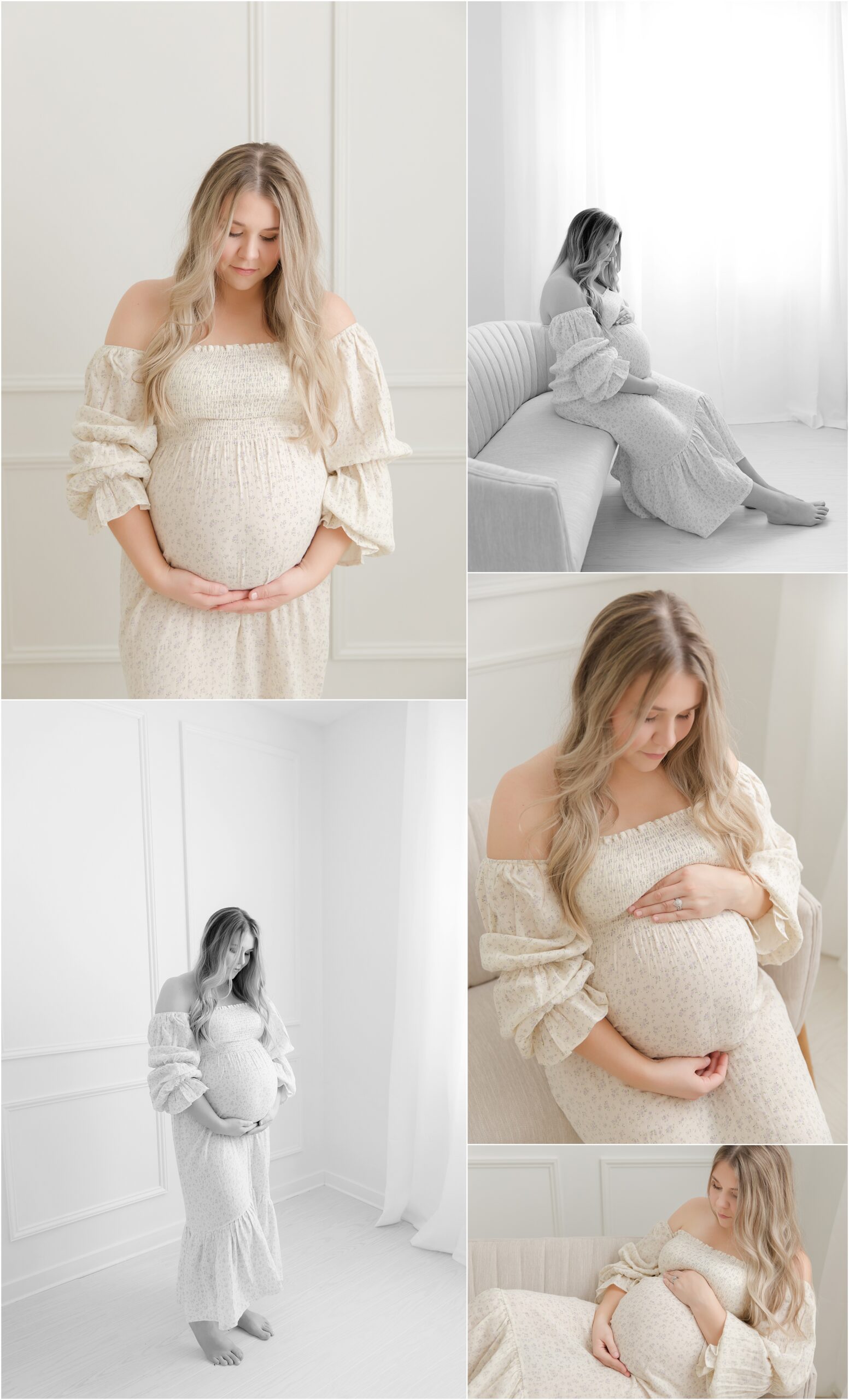 Collage of pregnant woman with long blonde hair wearing a cotton dress with tiny purple flowers, photographed by Christy Johnson Photography