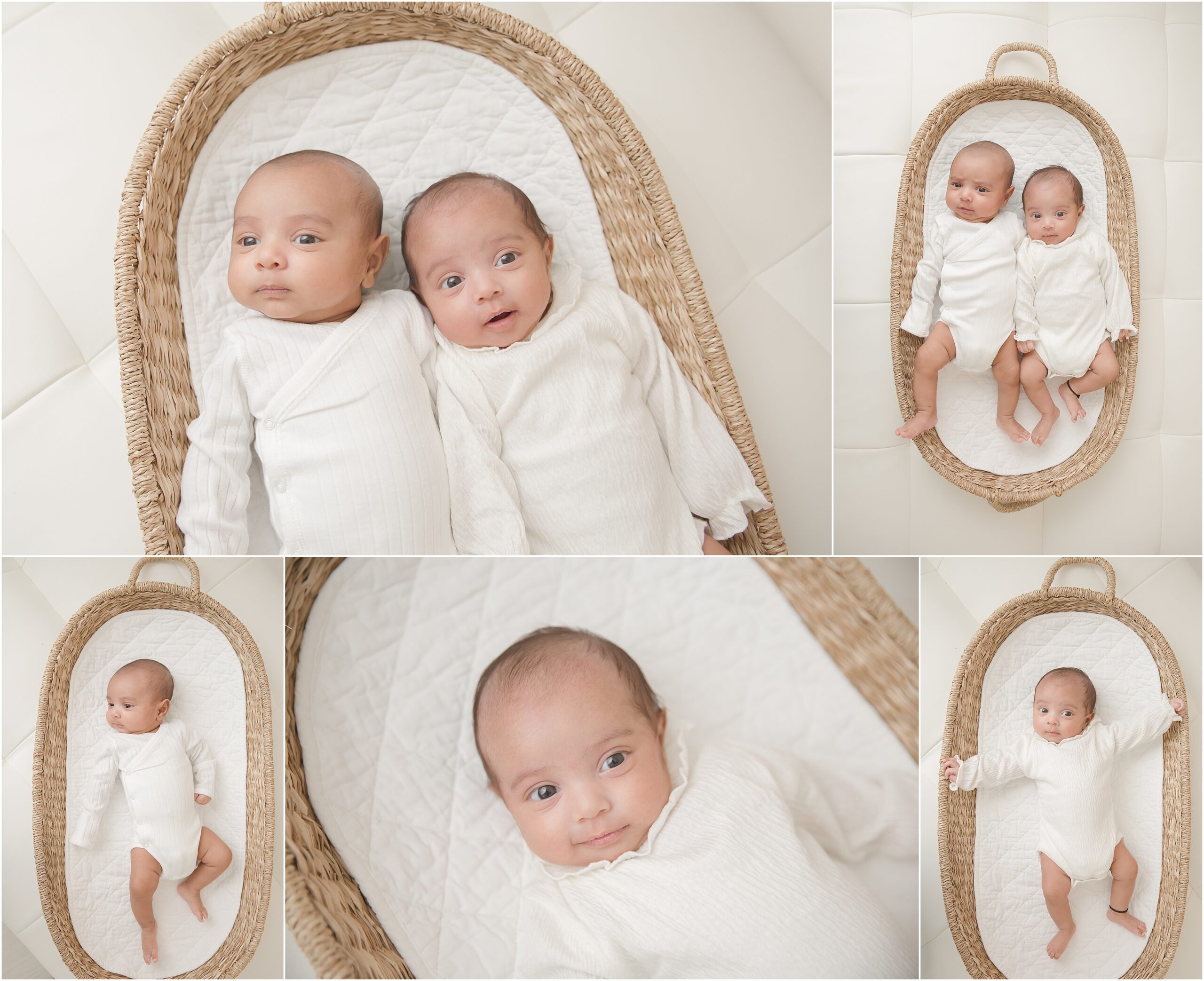 Newborn boy and girl twins wearing white pose in a woven basket for professional photos at Christy Johnson Photography studio