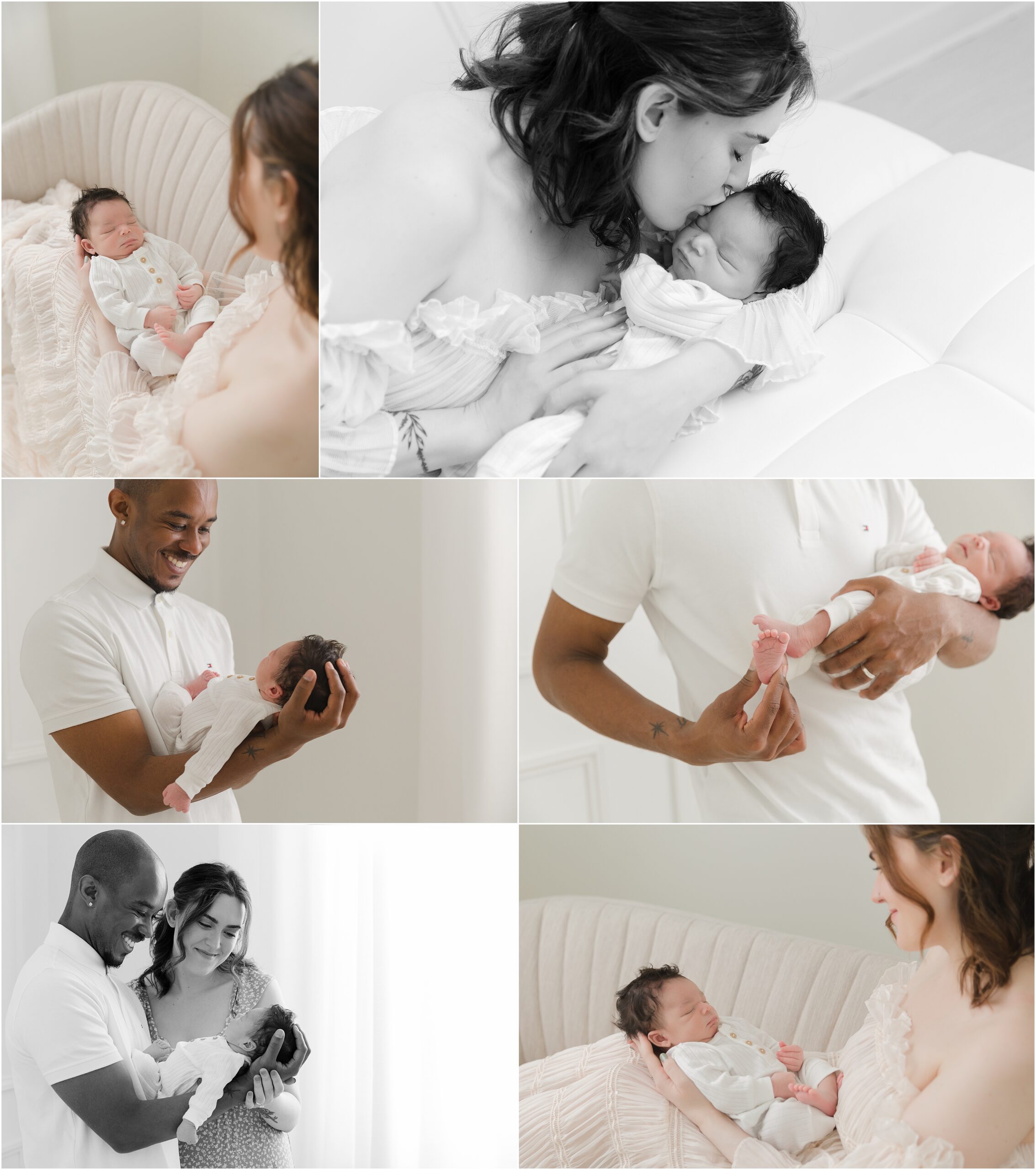 Collage of photos of newborn baby being cradled and looked at lovingly by his mom and dad