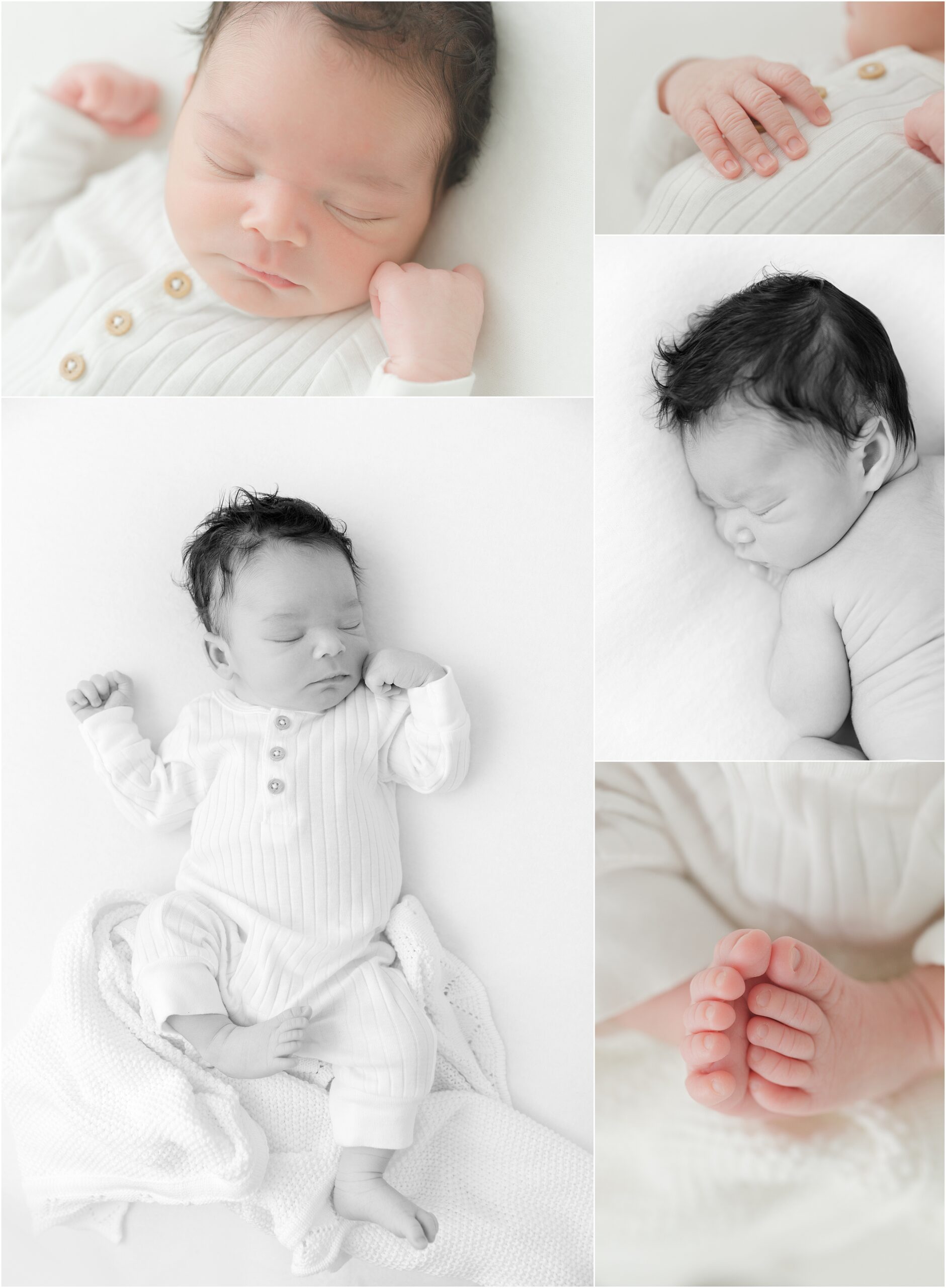 Photo collage of a newborn baby boy with black hair wearing a white sleeper outfit