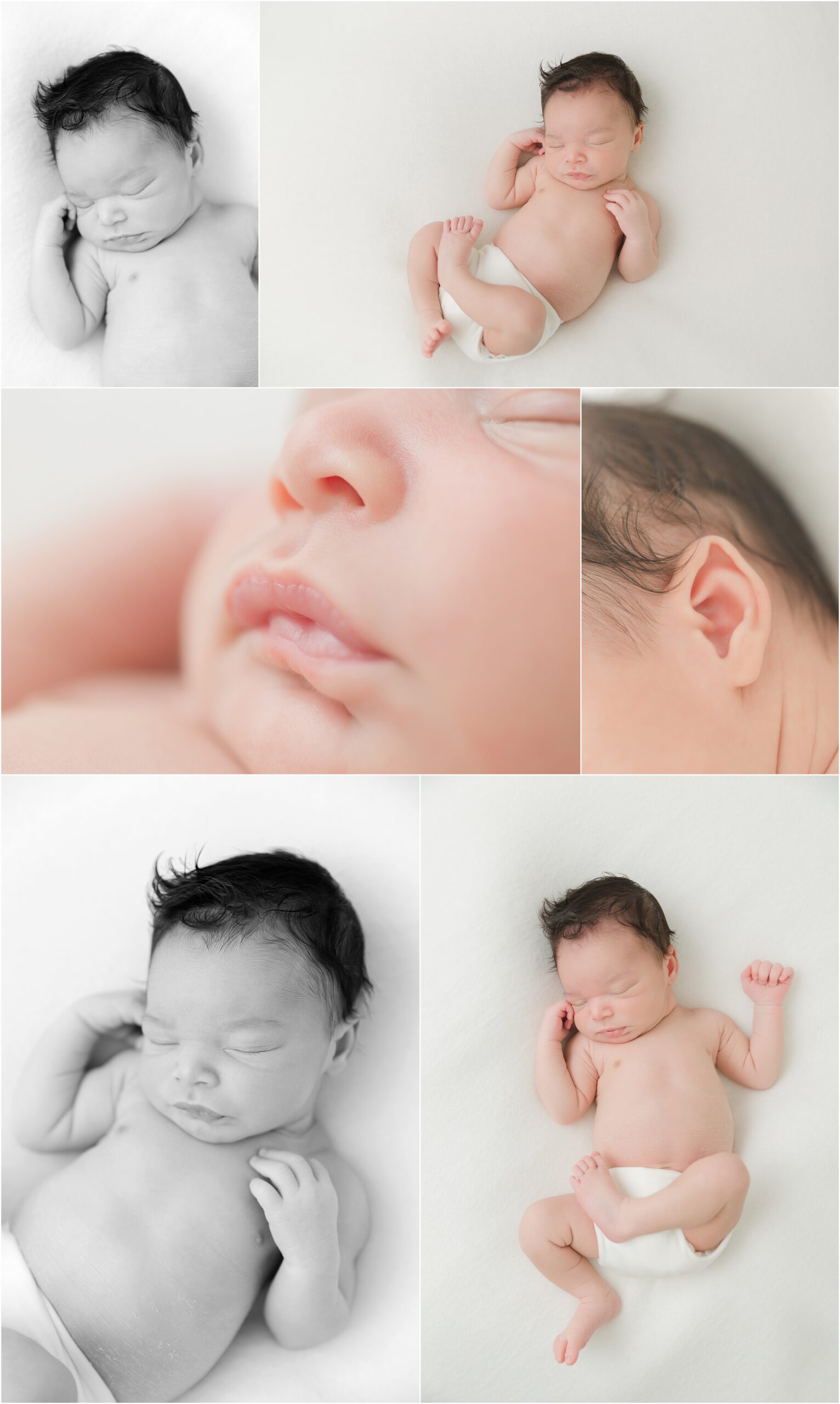 Collection of photos of newborn baby boy with lots of black hair