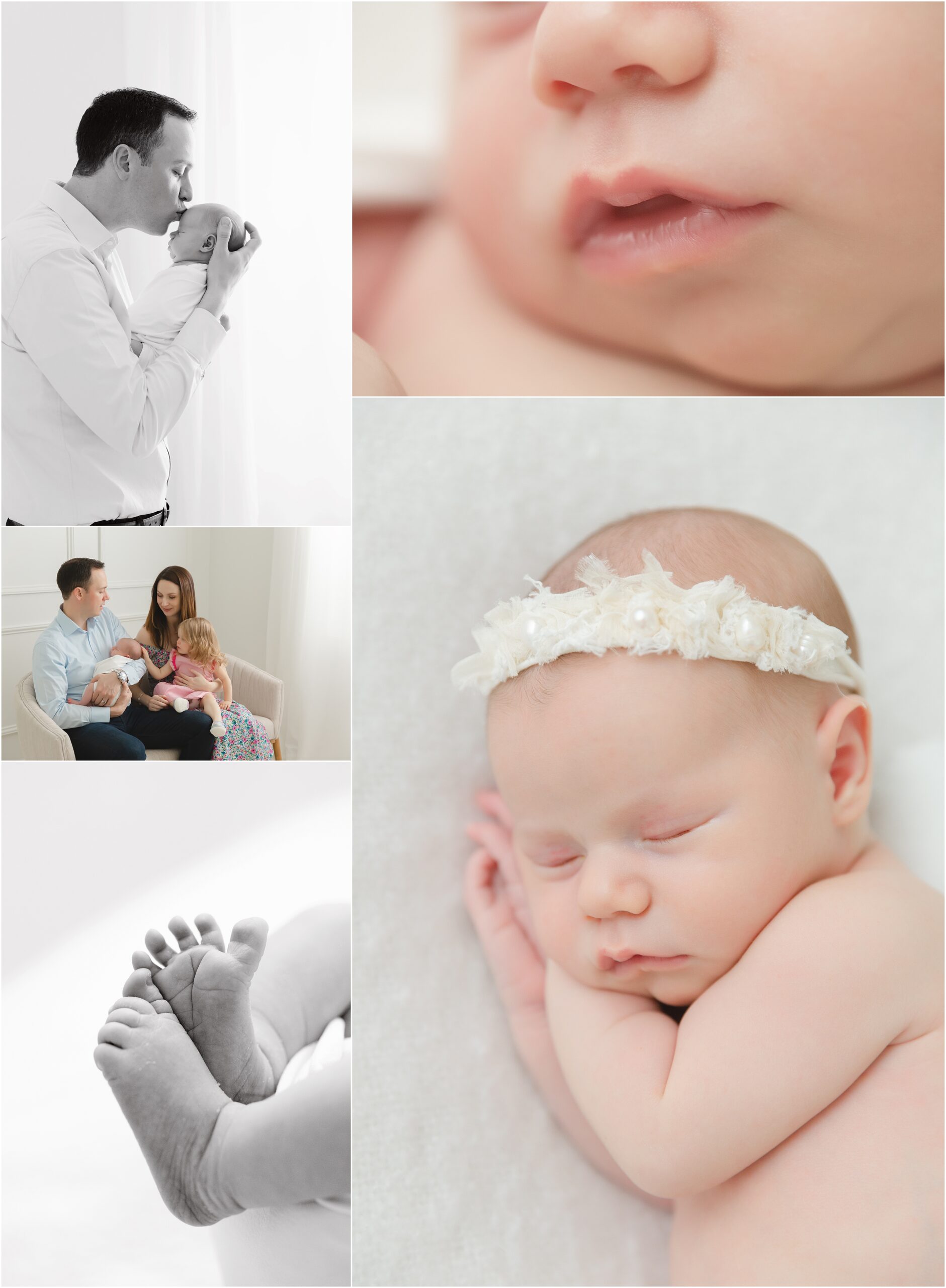 Collage of photos of newborn baby girl and her tiny details