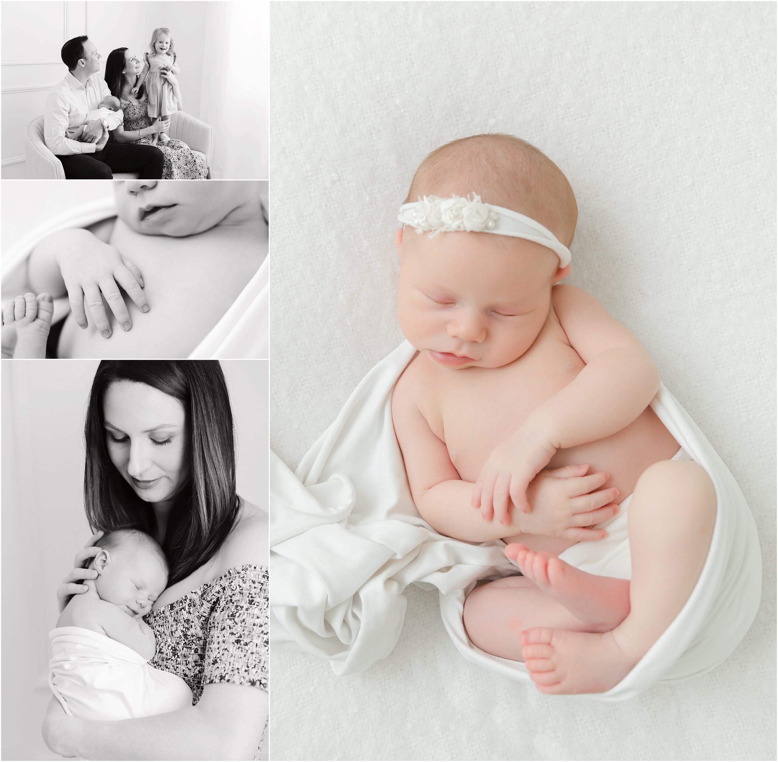 Collage of color and black and white photos of a new baby girl