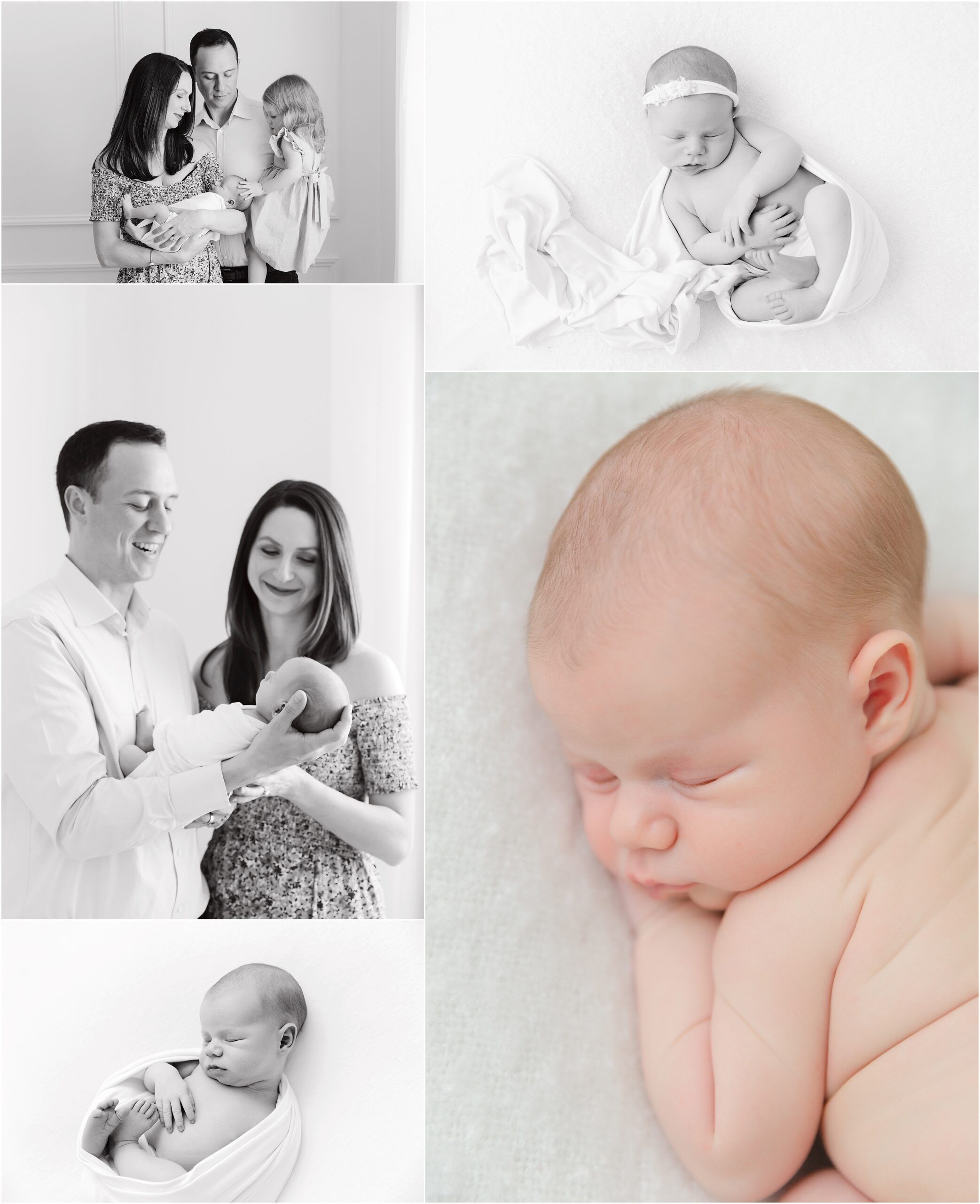 Collage of photos of a new baby girl and her family in Christy Johnson Photography studio