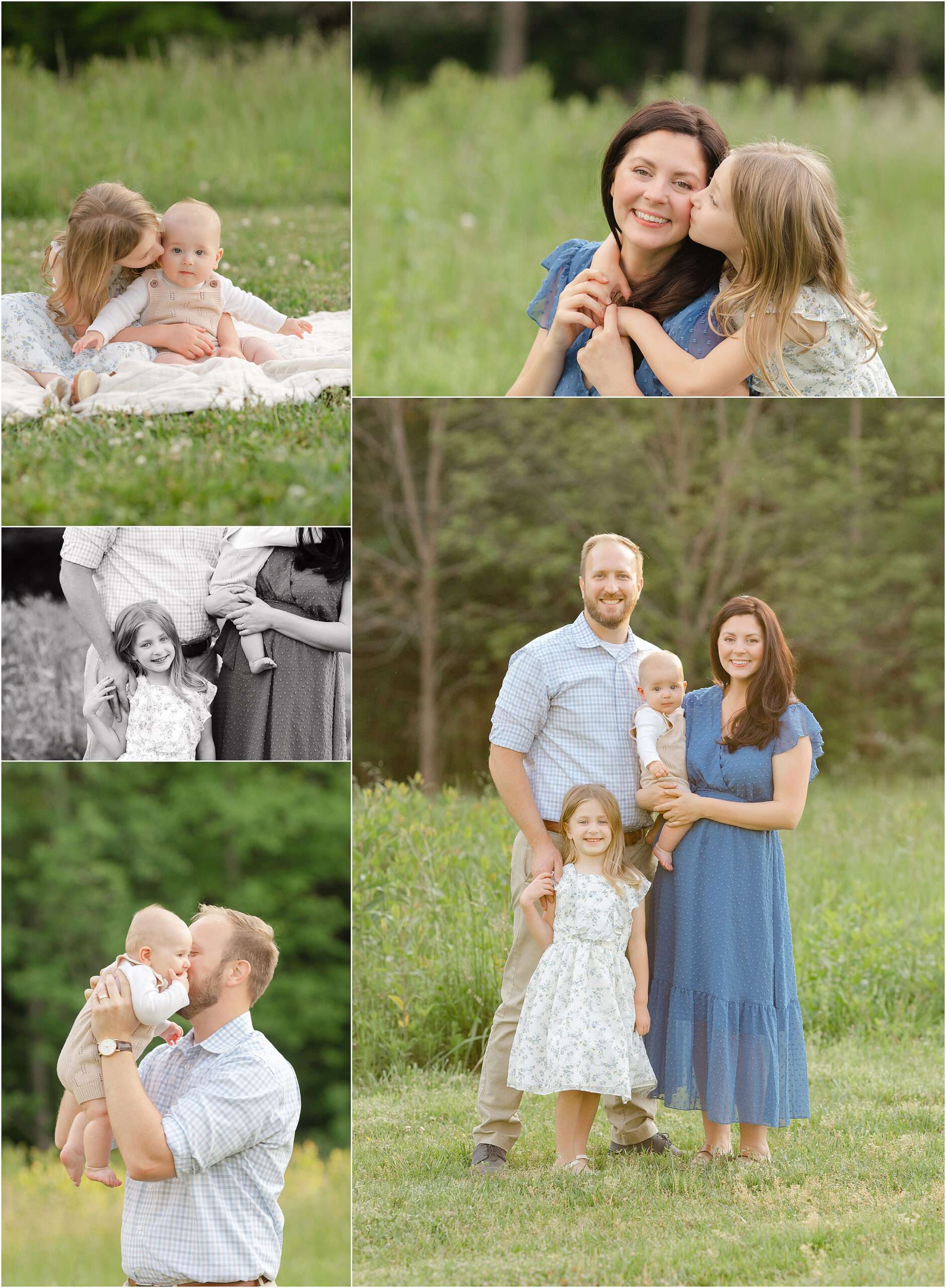 Collage of photos of a family of four outside in the spring