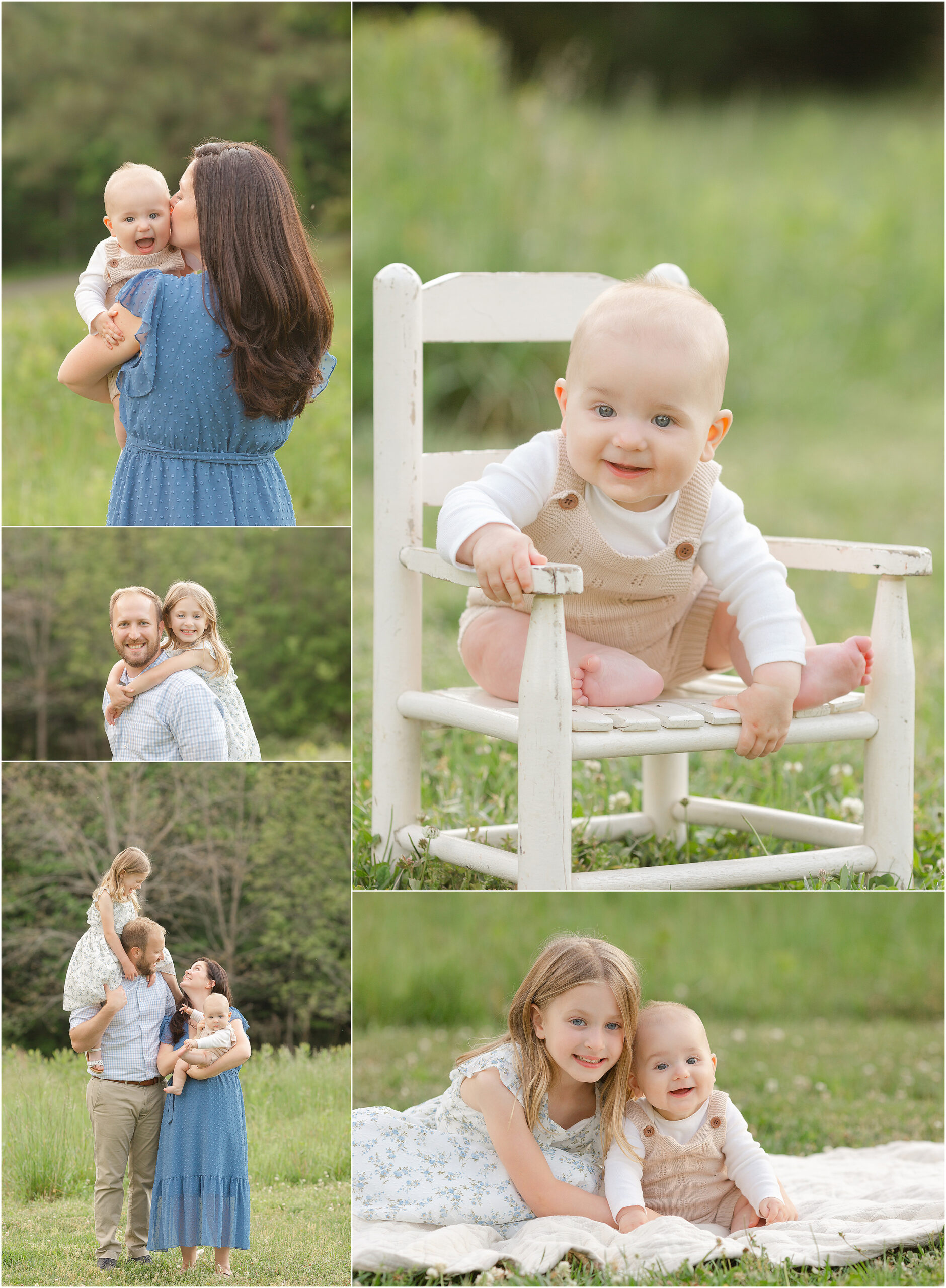 Collage of photos of a six month old baby boy and his family outside in the spring