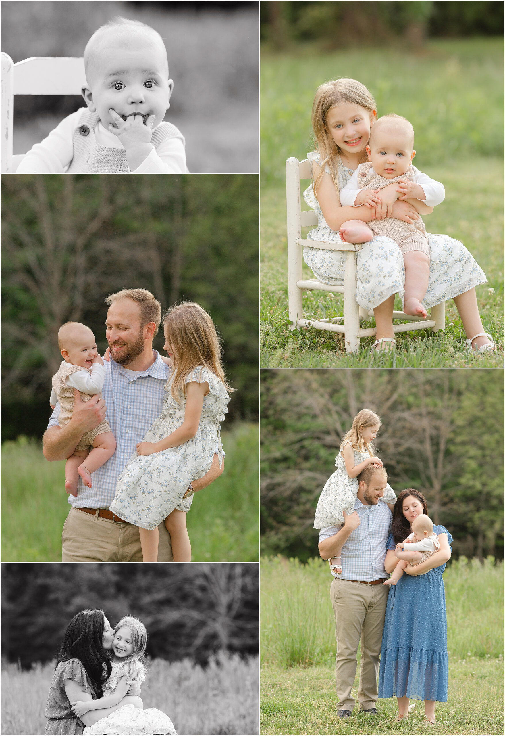 Photos of a big sister and baby brother and their parents outdoors in Wake Forest NC