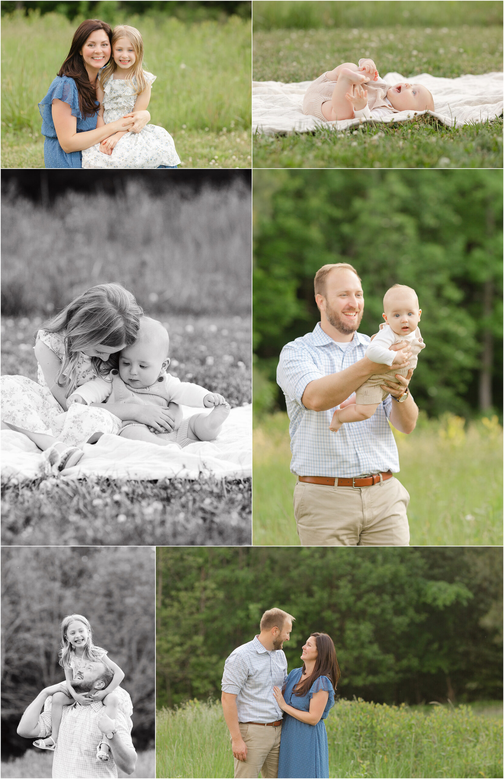 Set of photos depicting a happy family playing outside together, photographed by Christy Johnson Photography