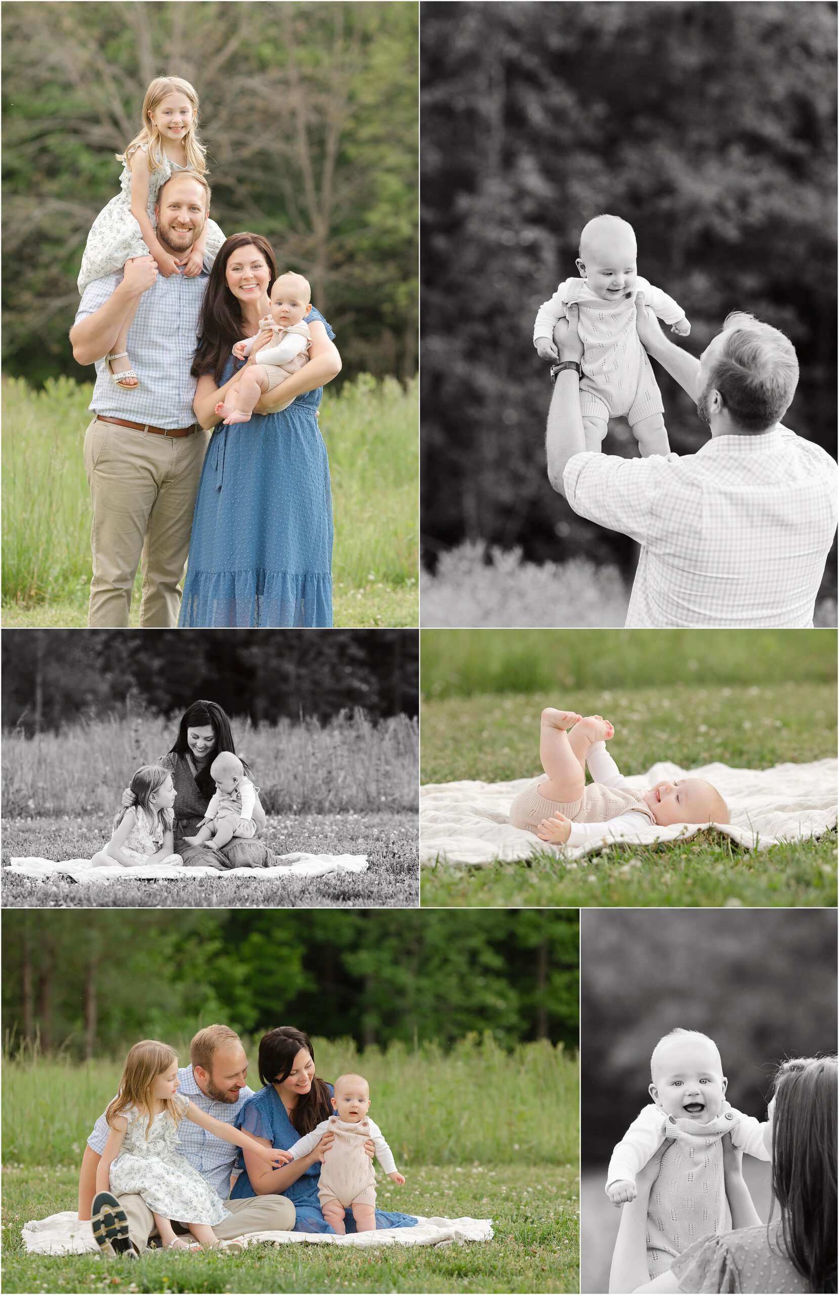 Photo collage of a six month old baby and his family outside photographed by Christy Johnson Photography