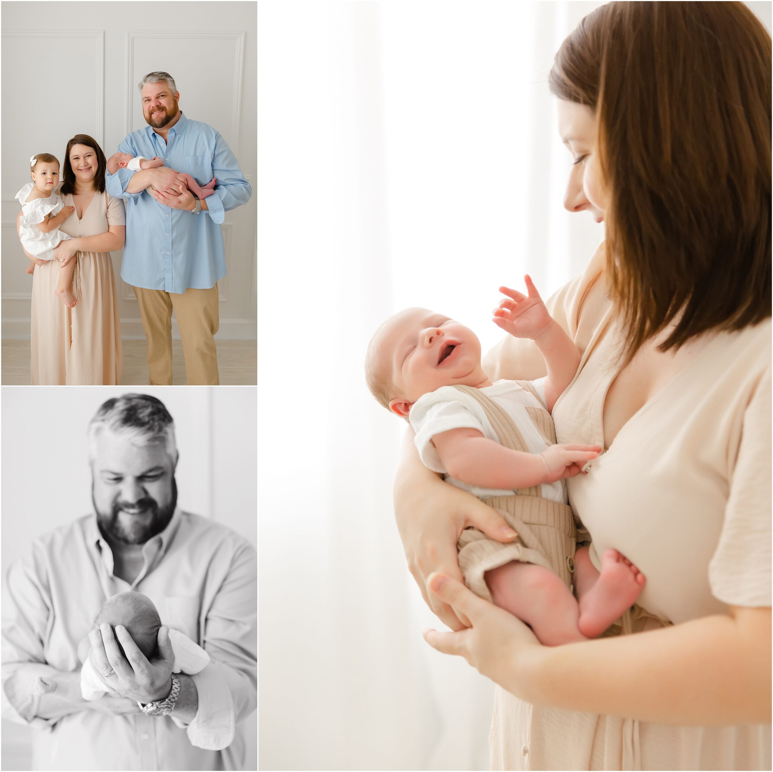 Collage of three photos of new parents smiling at their newborn baby