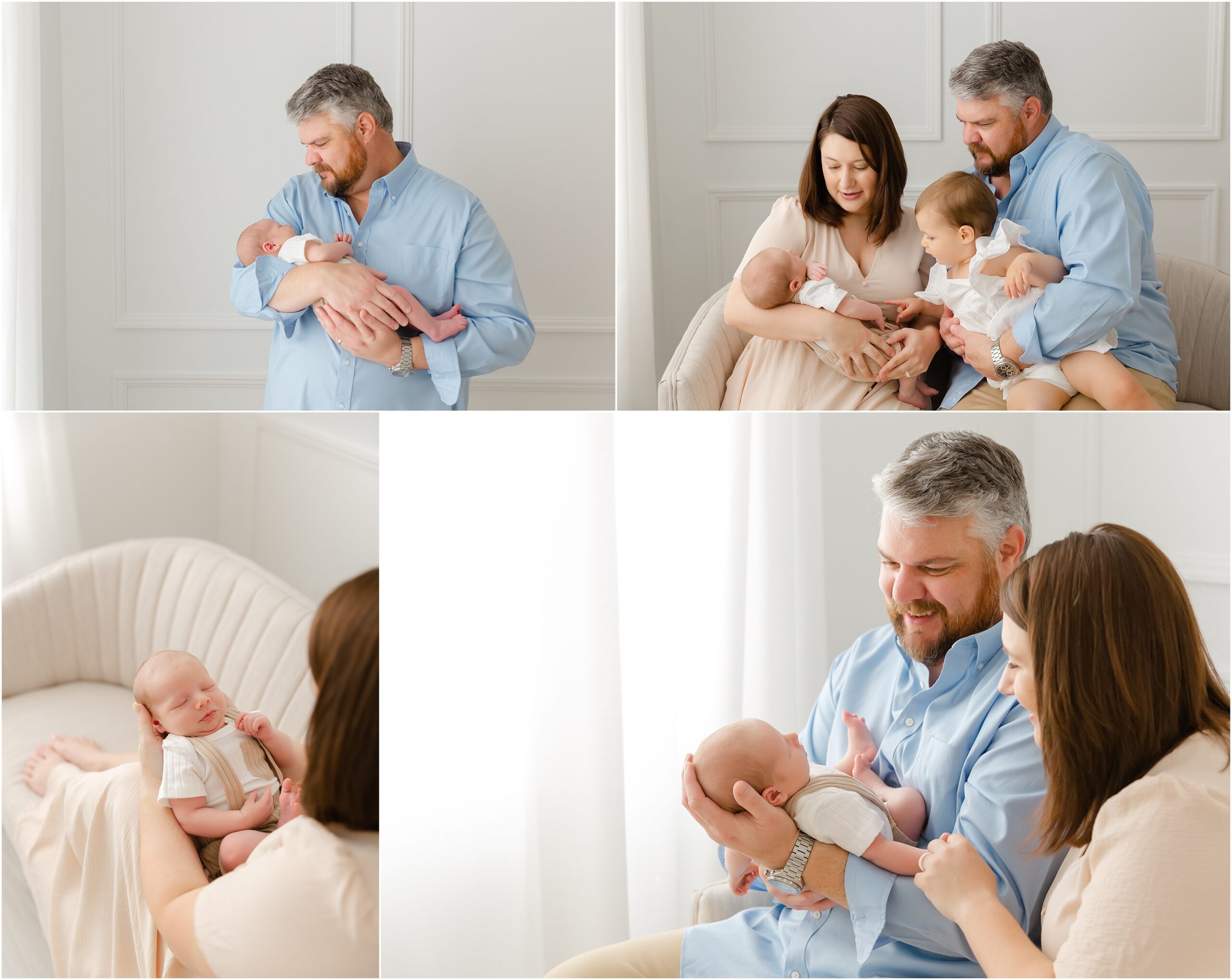 Collage of four photos of a mom, dad, and sister admiring a newborn baby