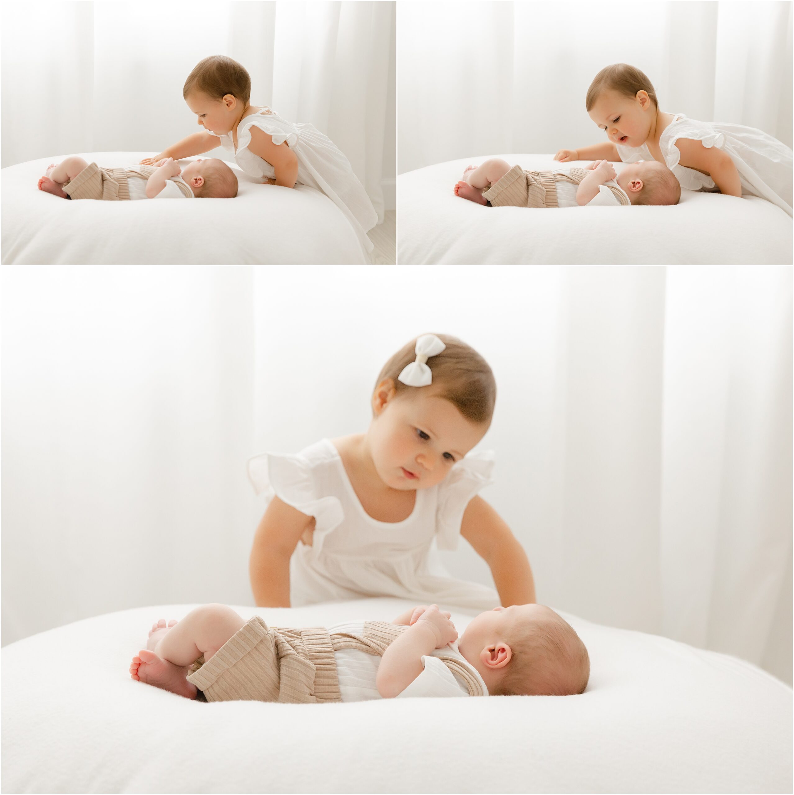 Three images showing a newborn baby laying on a beanbag with his toddler sister looking at him