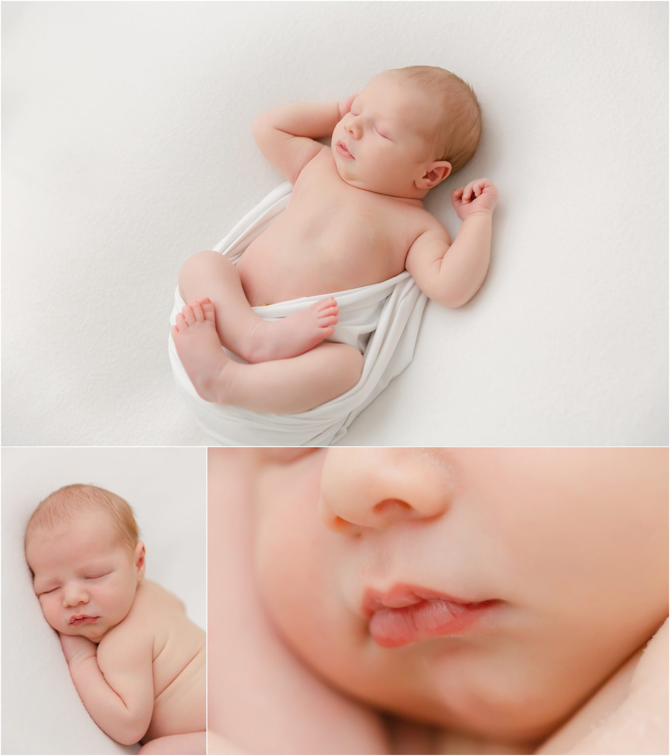 Collection of three photos of a newborn baby on white blanket