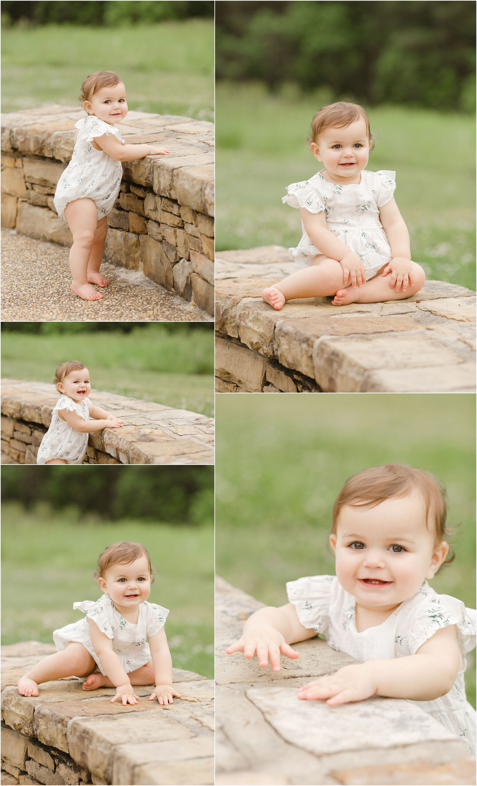 A collection of photos of a baby girl sitting on a brown stone wall by Wake Forest baby photographer Christy Johnson
