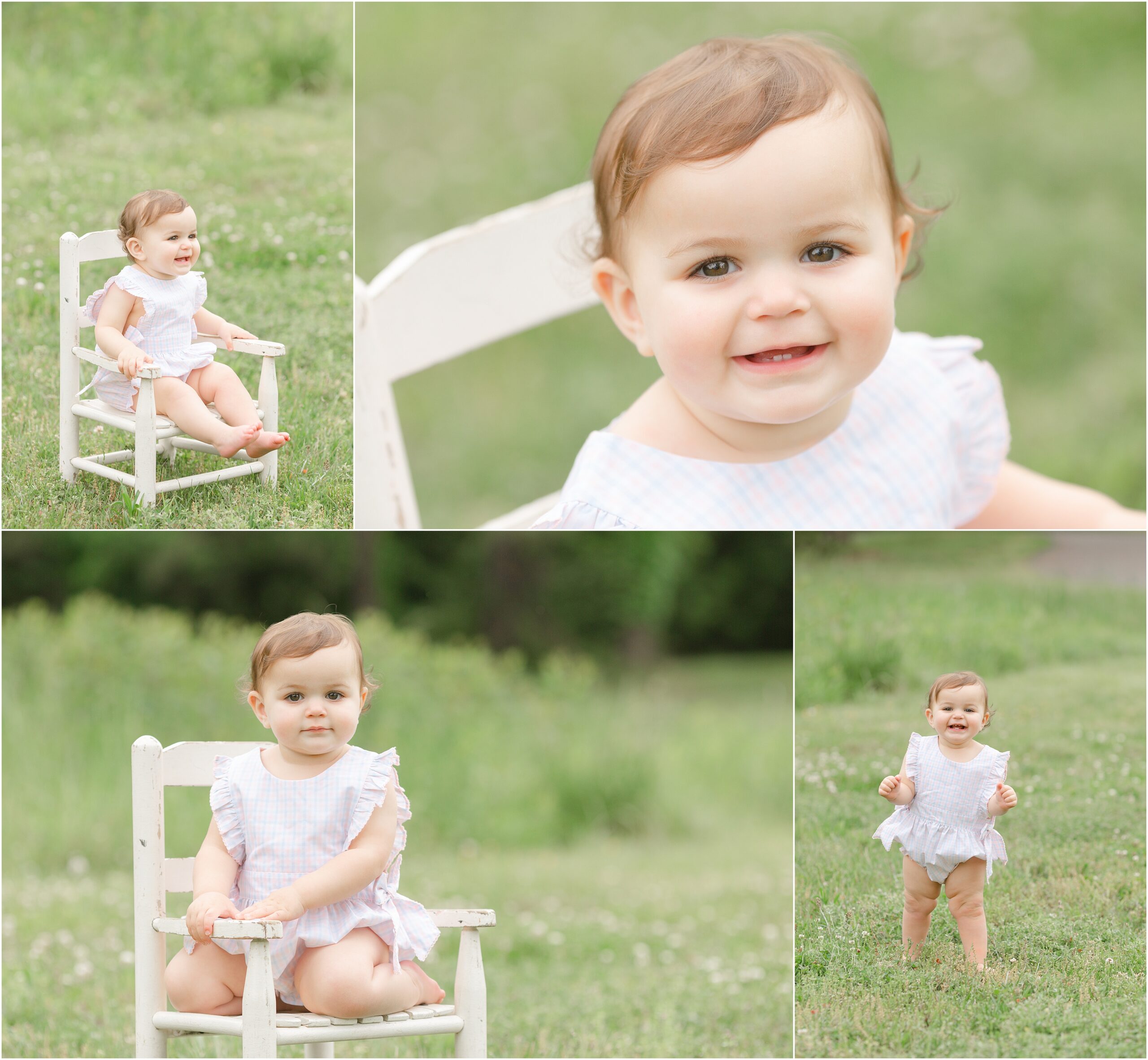 Four photos of a toddler girl outside in the grass, wearing a ruffled romper