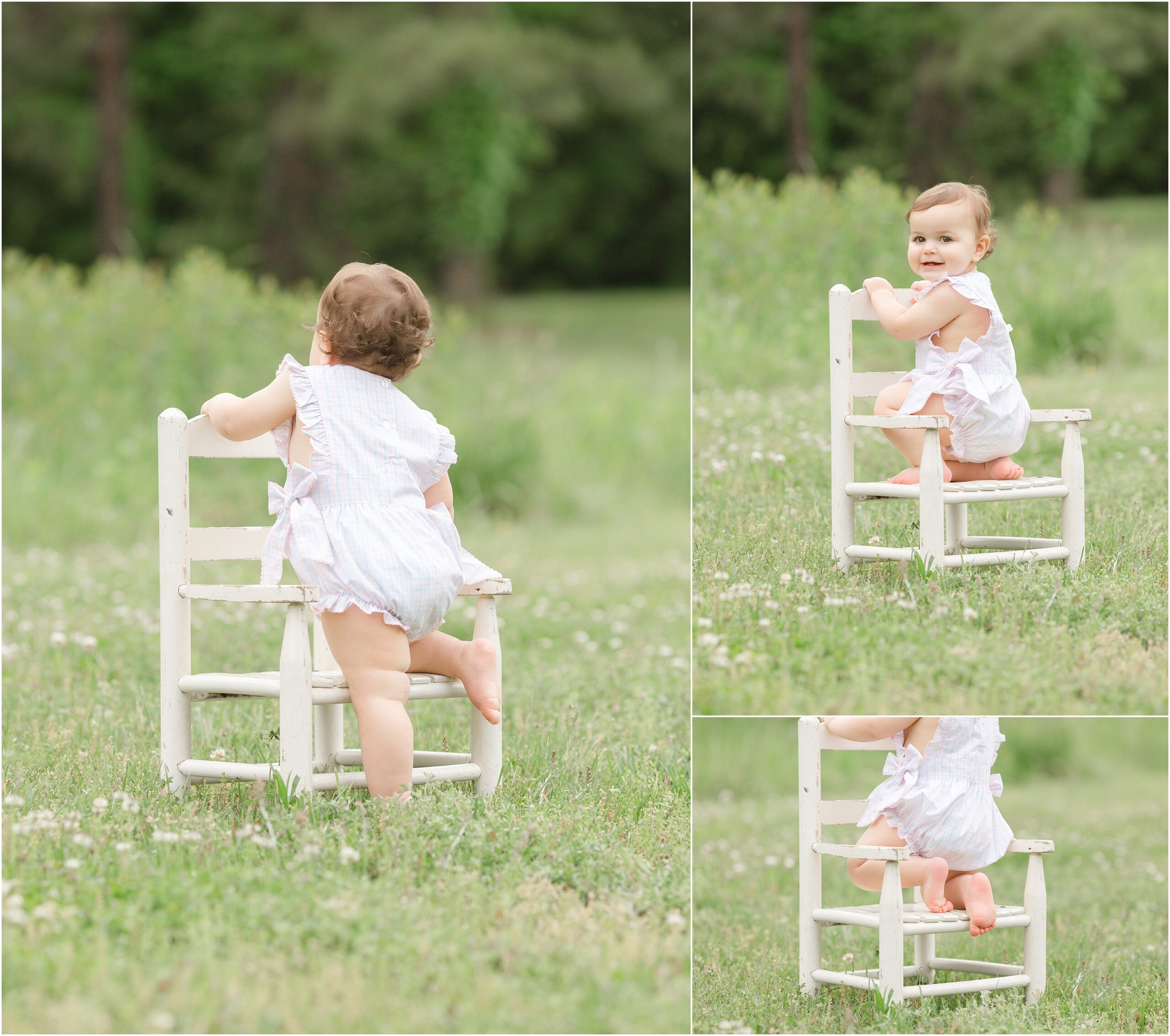 Three photos of a one year old baby girl climbing on a white child-sized chair by Wake Forest baby photographer Christy Johnson