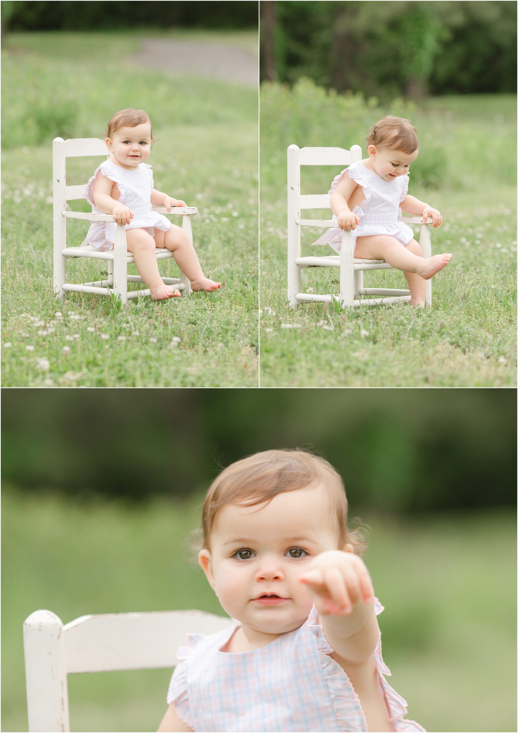 Three photos of a toddler girl outside in a white chair