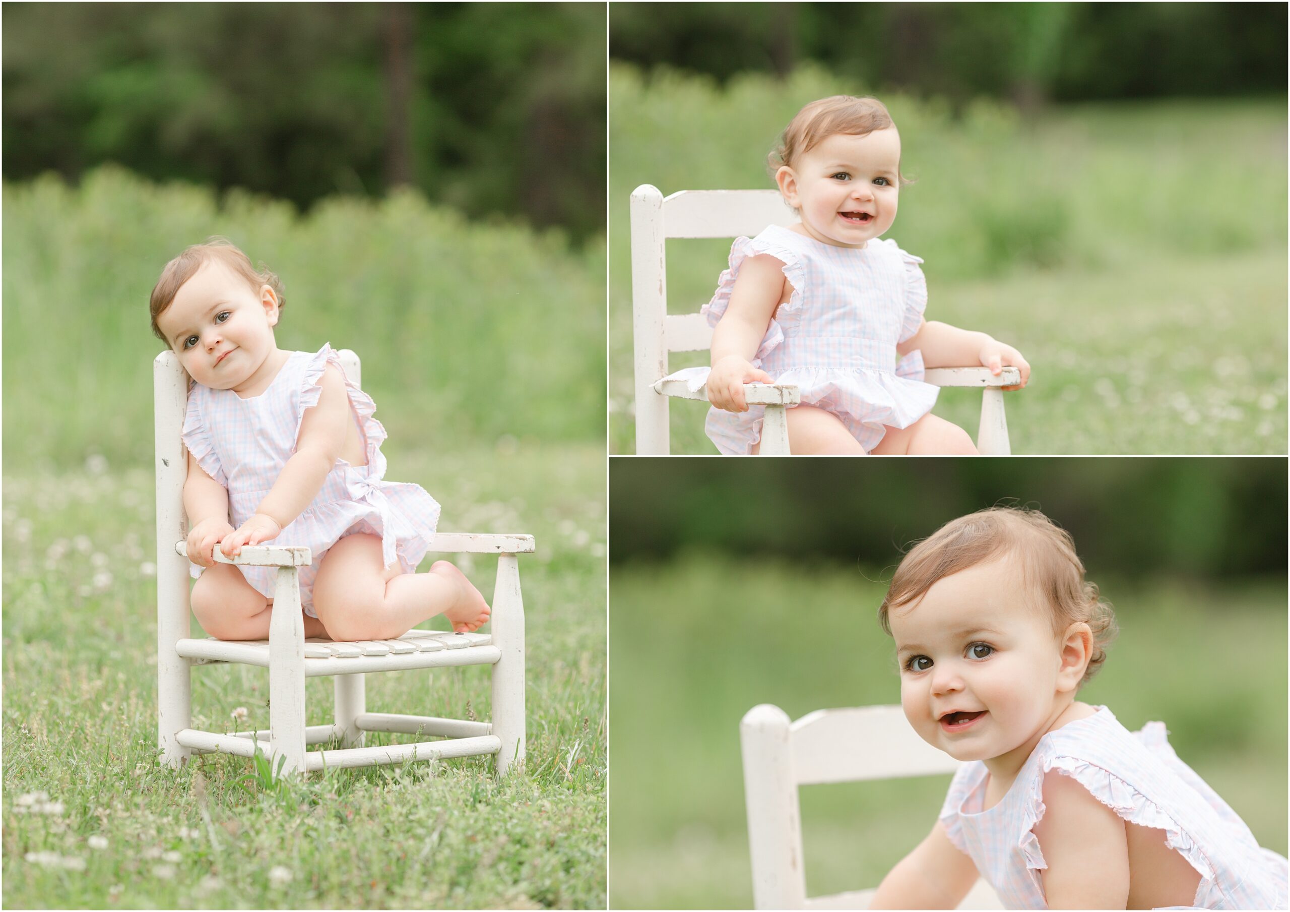 Three photos of a baby girl sitting in a wooden white chair in the grass by Wake Forest baby photographer Christy Johnson