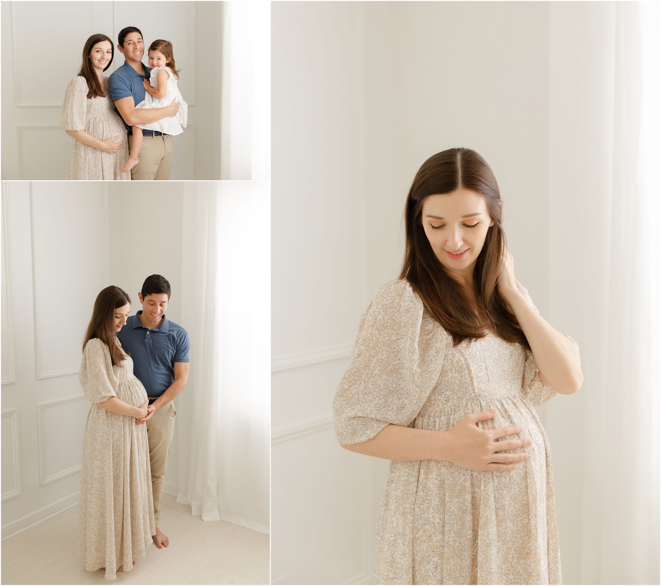 Three photos of a pregnant woman wearing a beige dress photographed by Wake Forest maternity photographer Christy Johnson