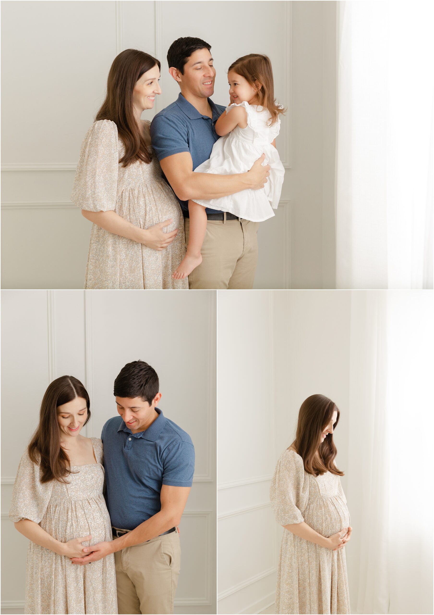 Three photos of a pregnant woman, her husband, and her daughter photographed by Wake Forest maternity photographer Christy Johnson