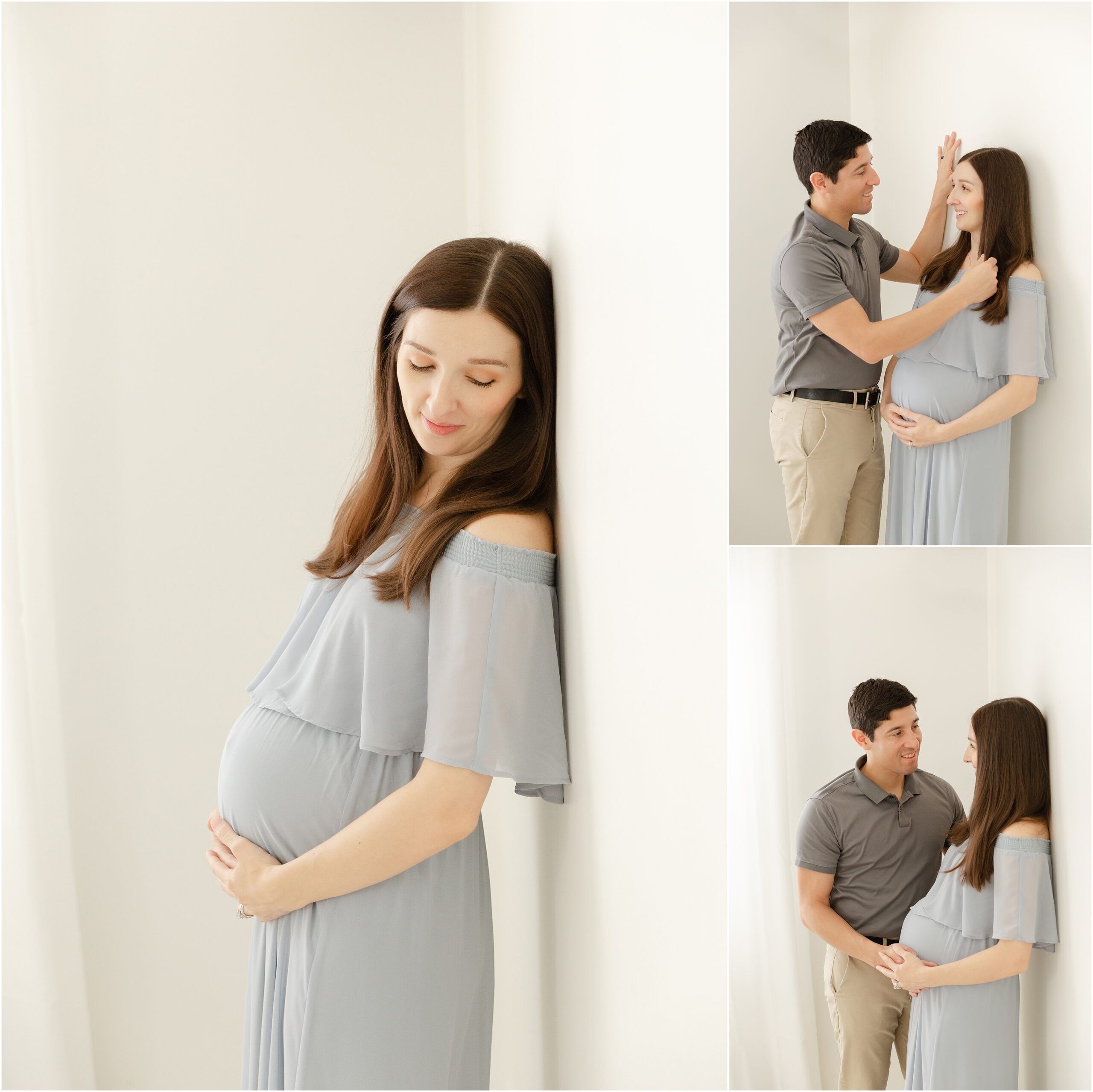 Pregnant brunette woman in a blue chiffon dress posing for maternity portraits