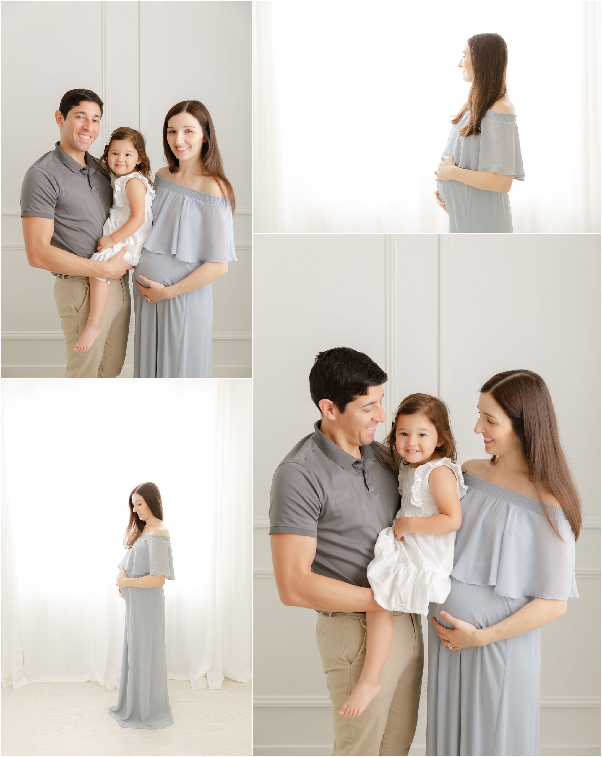 Woman wearing a long blue dress posing for maternity photos with her husband and daughter