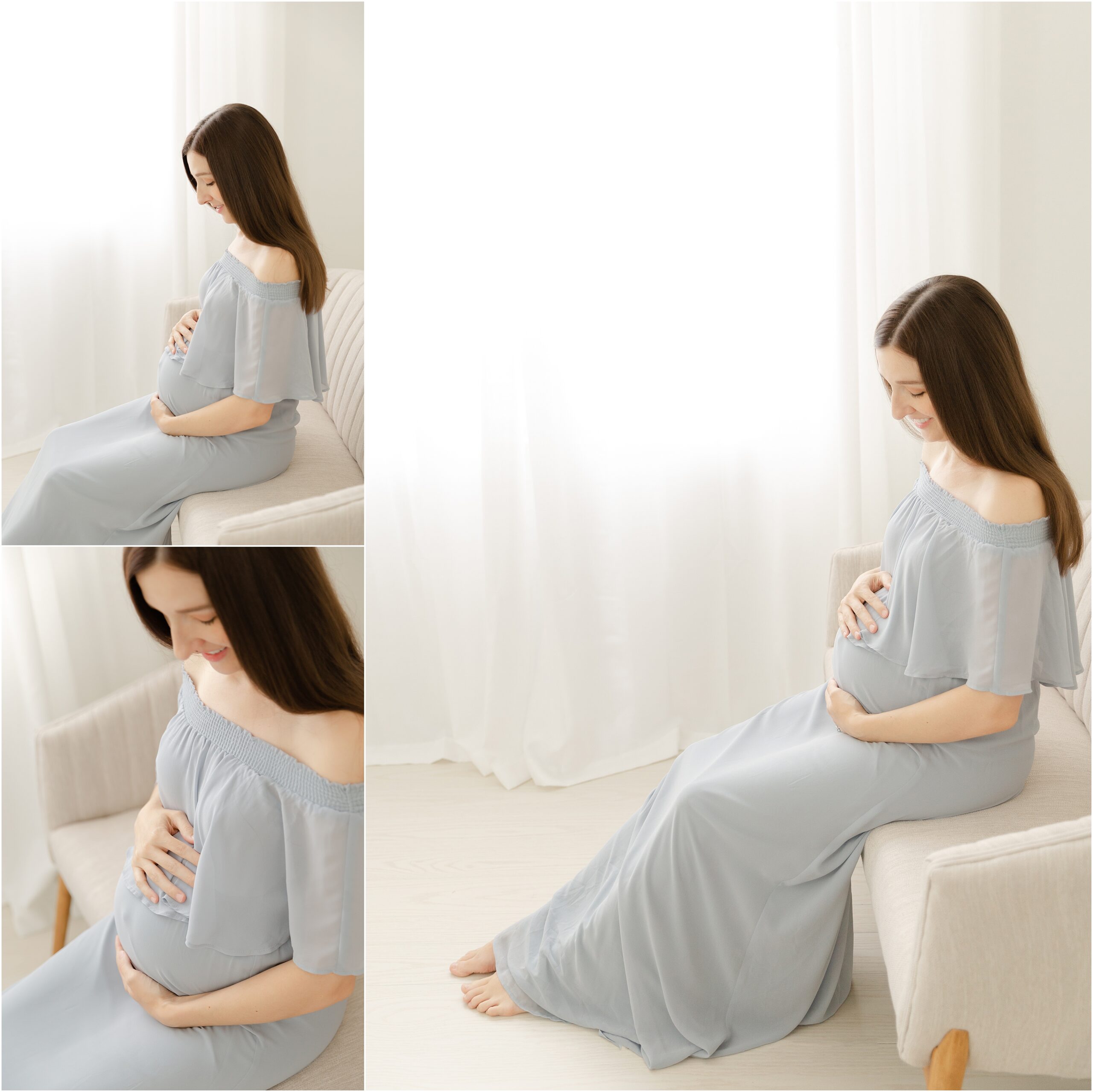 Pregnant woman with long dark hair and a light blue dress poses for maternity photos