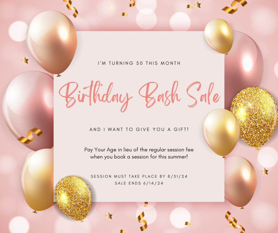 Graphic reading "Birthday Bash Sale" with details about a Pay Your Age sales promotion for Christy Johnson Photography