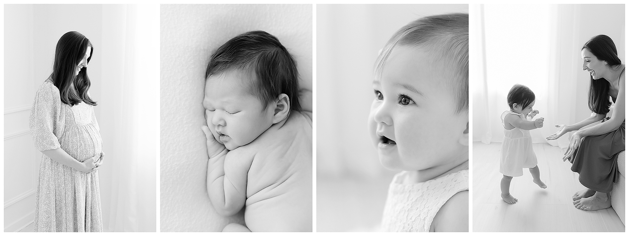 Collage of four photos showing a baby growing from her maternity photo, to her newborn photo, to her baby photo, to a one year photo by Christy Johnson Photography