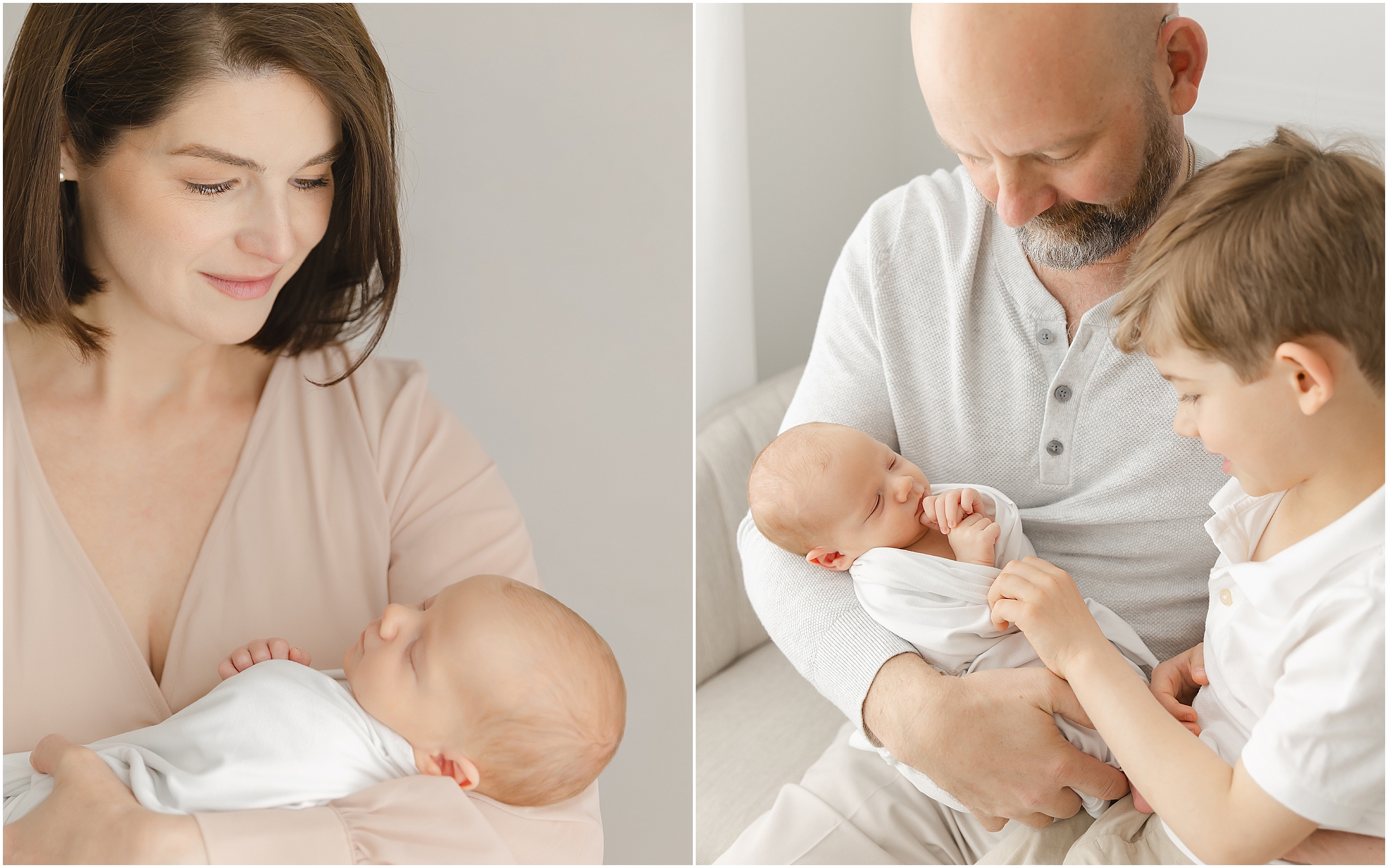 A growing family smiles lovingly at their newborn baby during their newborn photo session in raleigh nc