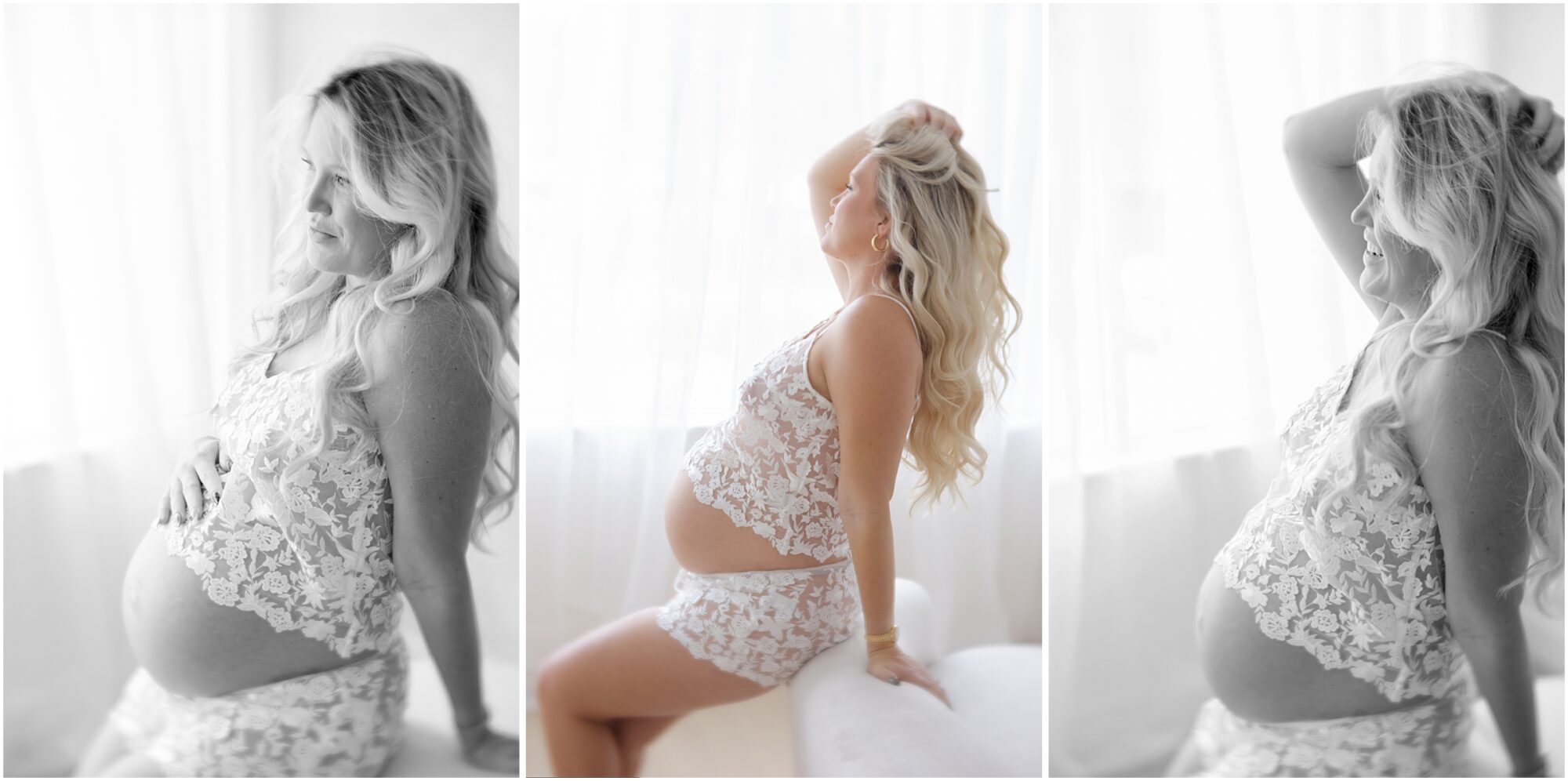 pregnant blond woman lounges in front of a window wearing a lacy camisole and shorts set for her raleigh maternity photographer