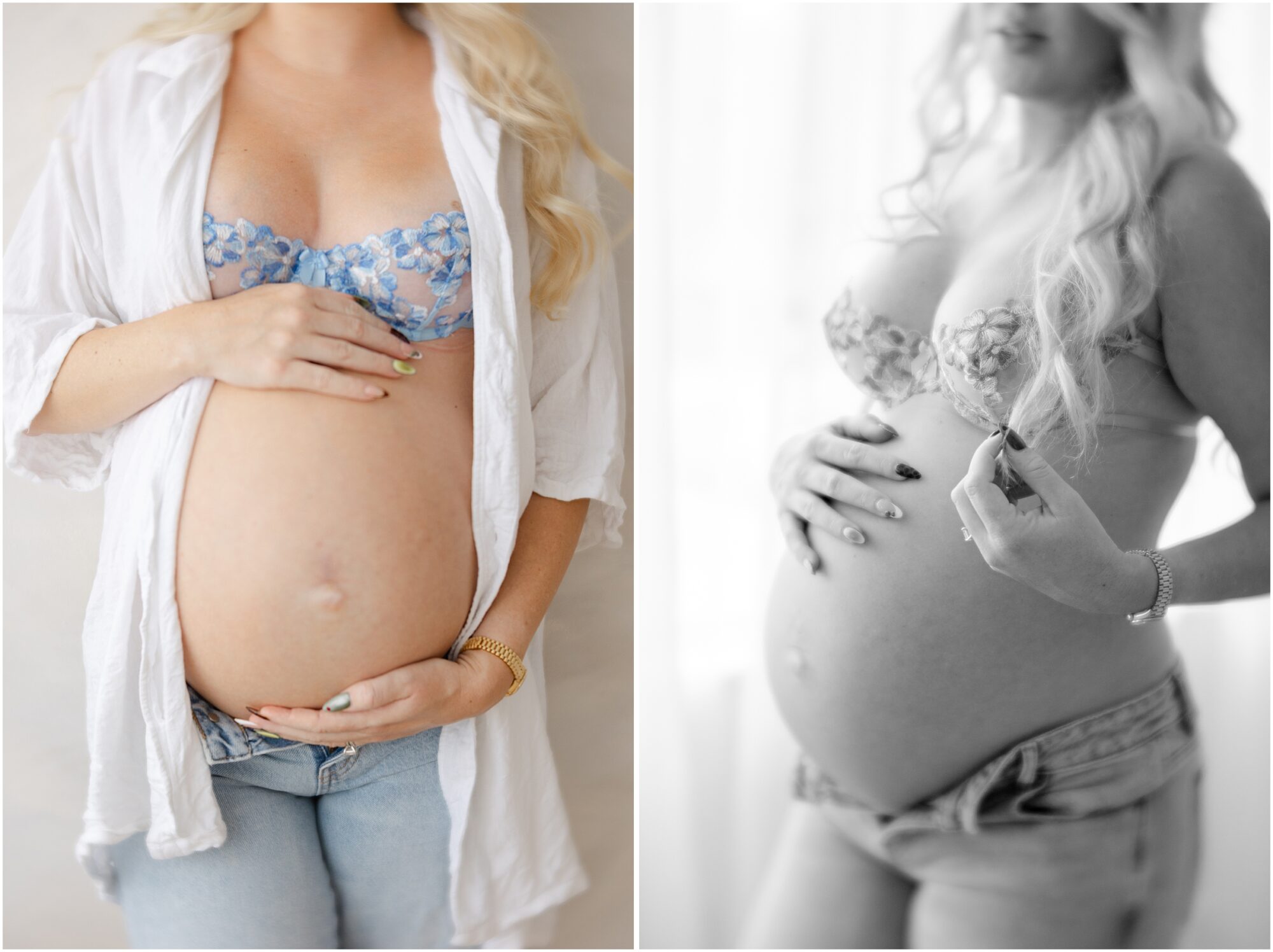 pregnant woman poses for her maternity photos in pre-pregnancy jeans and a pretty bra